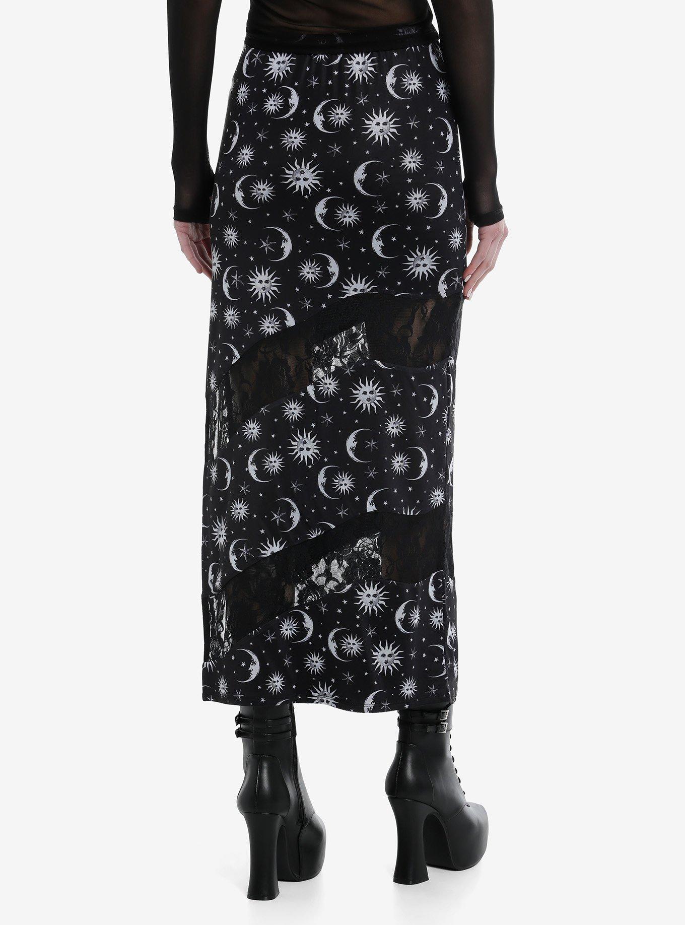 Cosmic Aura Black & White Celestial Lace Midi Skirt, , hi-res