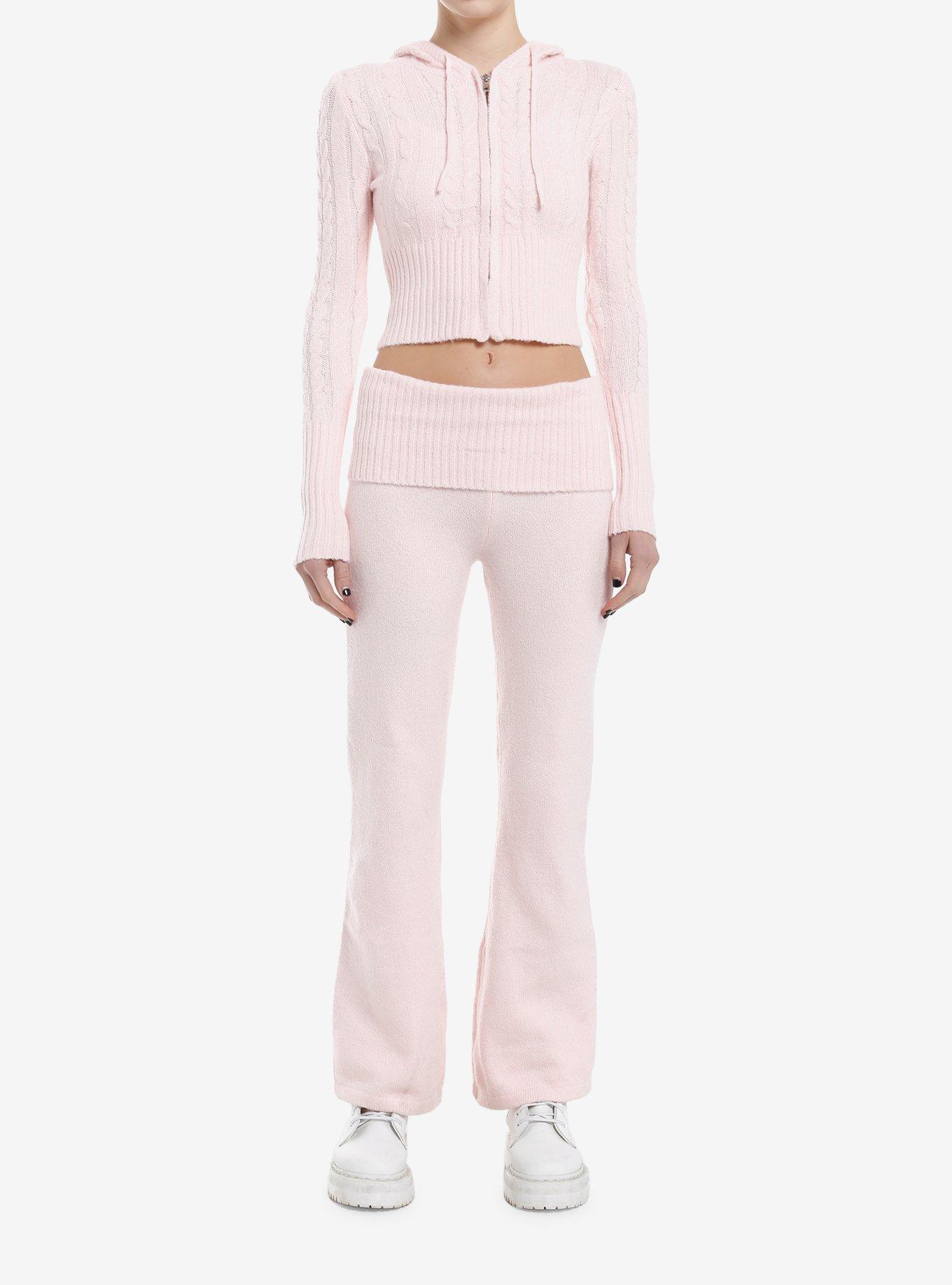 Pink Cable Knit Girls Hoodie & Pants Lounge Set, , hi-res