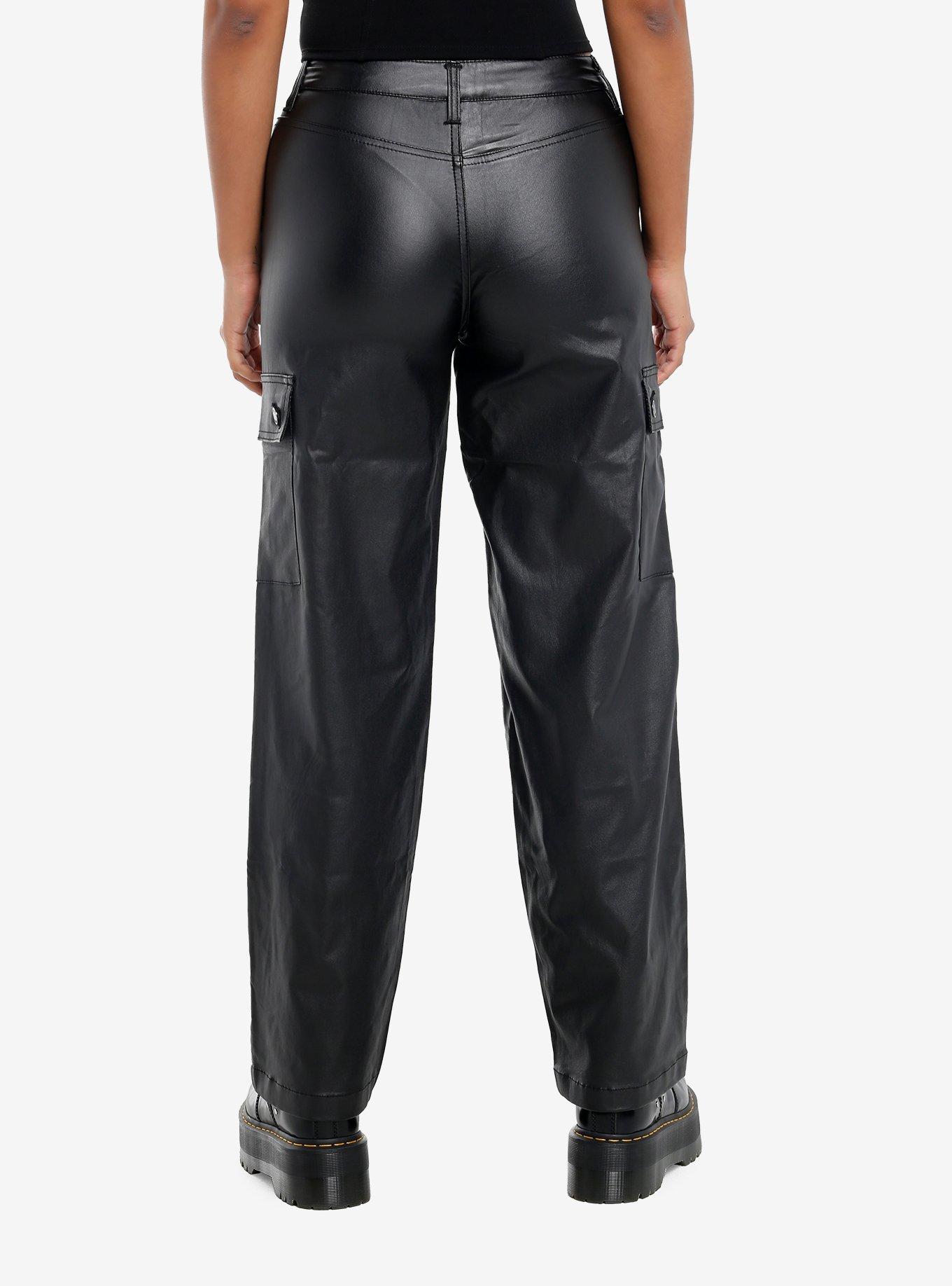 Black Faux Leather Cargo Pants, BLACK, alternate