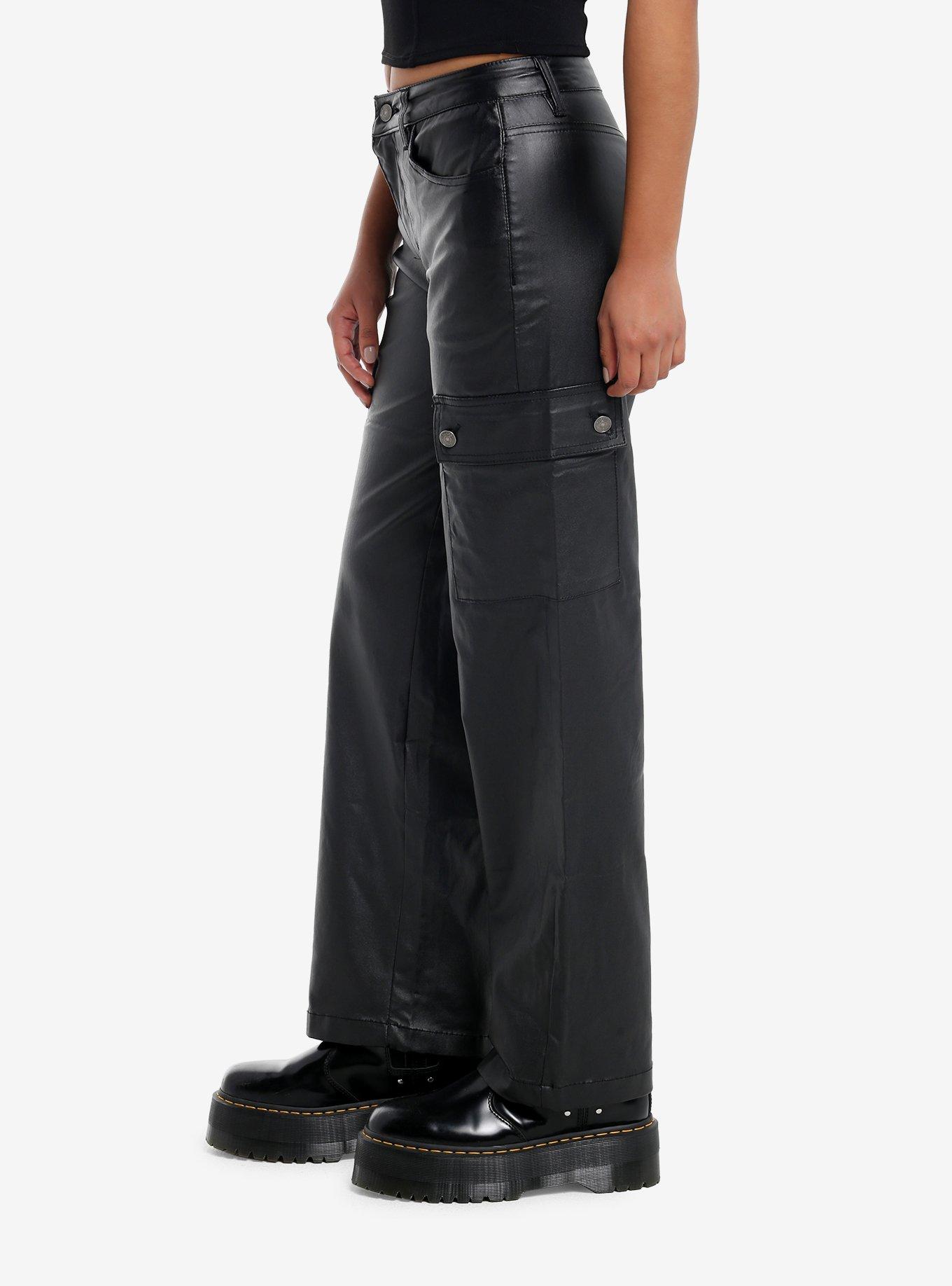 Black Faux Leather Cargo Pants, BLACK, alternate