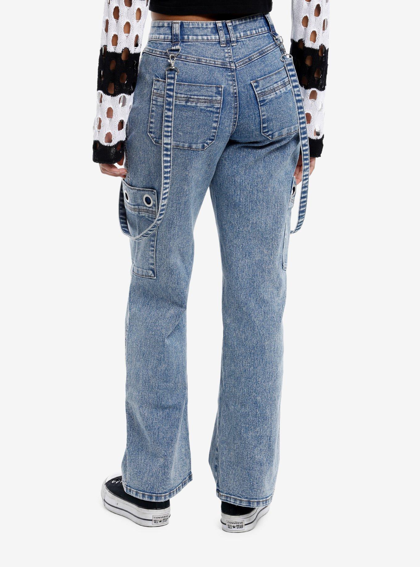 Light Wash Suspender Grommet Cargo Denim Pants, , hi-res