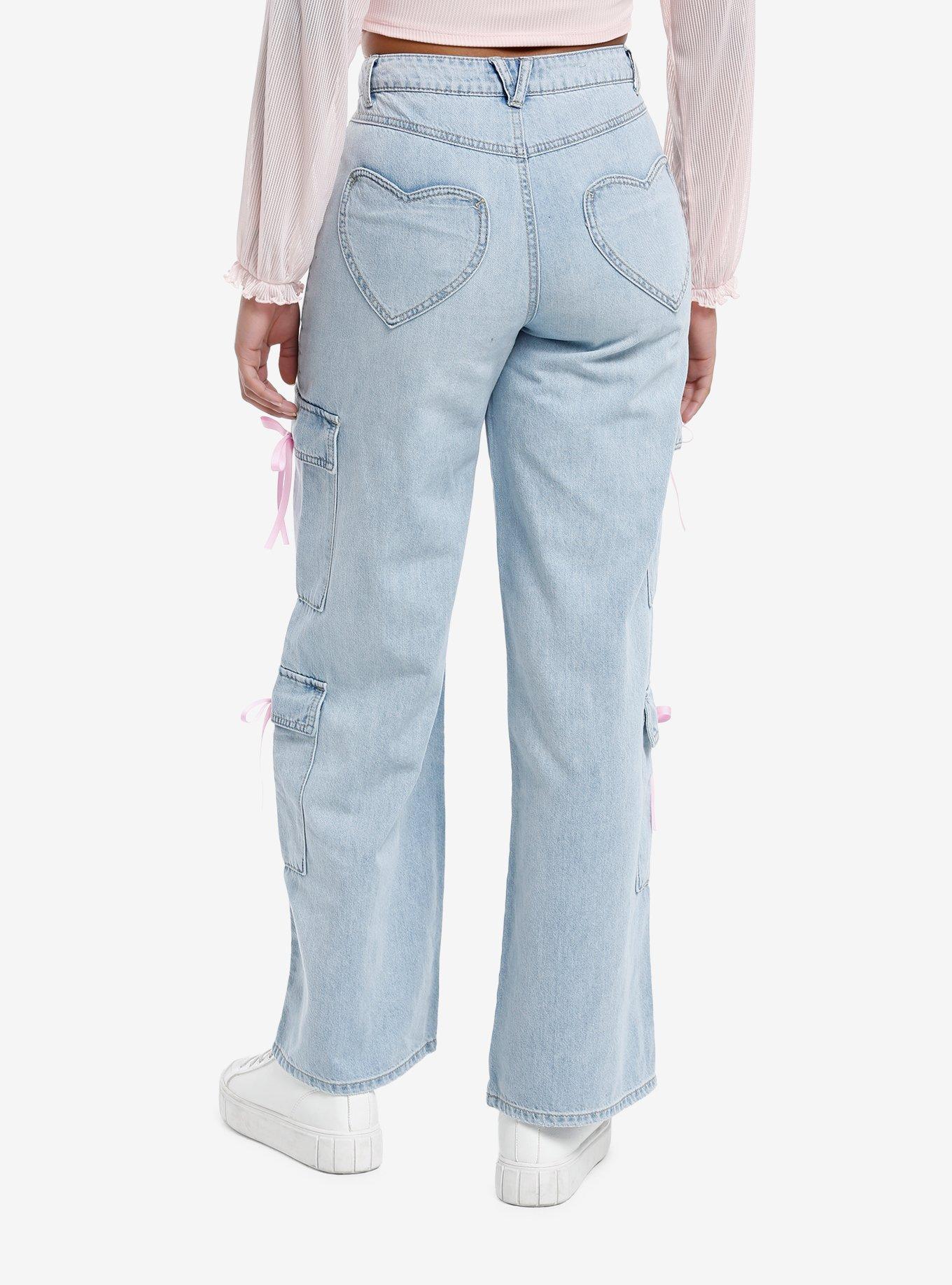 Light Indigo Pink Bow Cargo Denim Pants, , hi-res