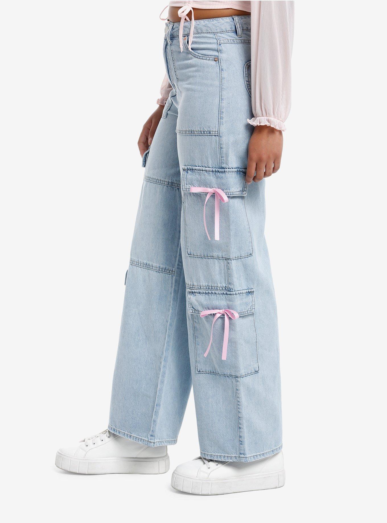 Light Indigo Pink Bow Cargo Denim Pants, PINK, alternate