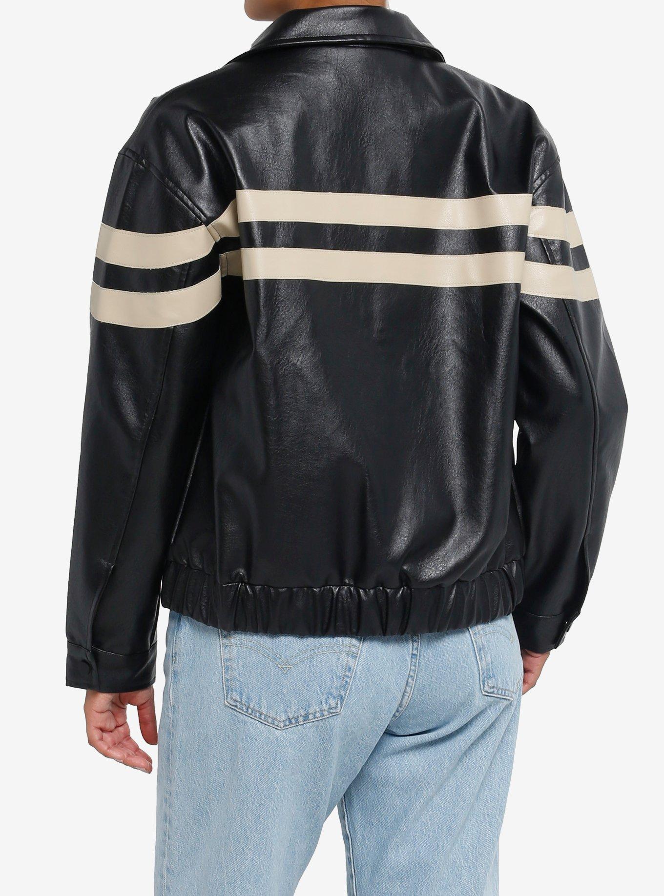 Black & Cream Stripe Bow Girls Faux Leather Jacket, CREAM, alternate