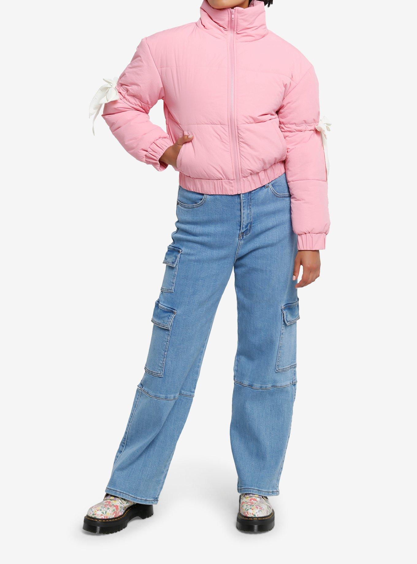 Bubblegum Pink White Bow Girls Puffer Jacket, , hi-res