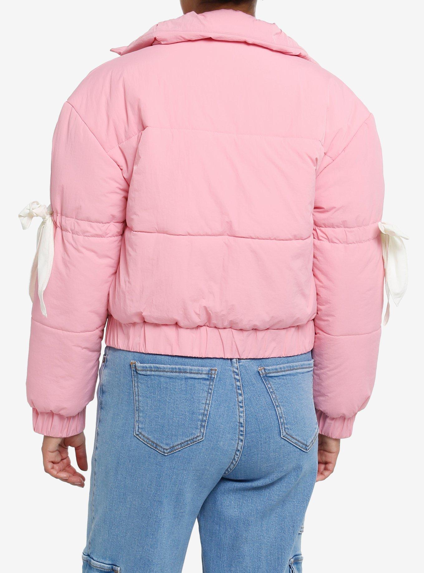 Bubblegum Pink White Bow Girls Puffer Jacket, , alternate