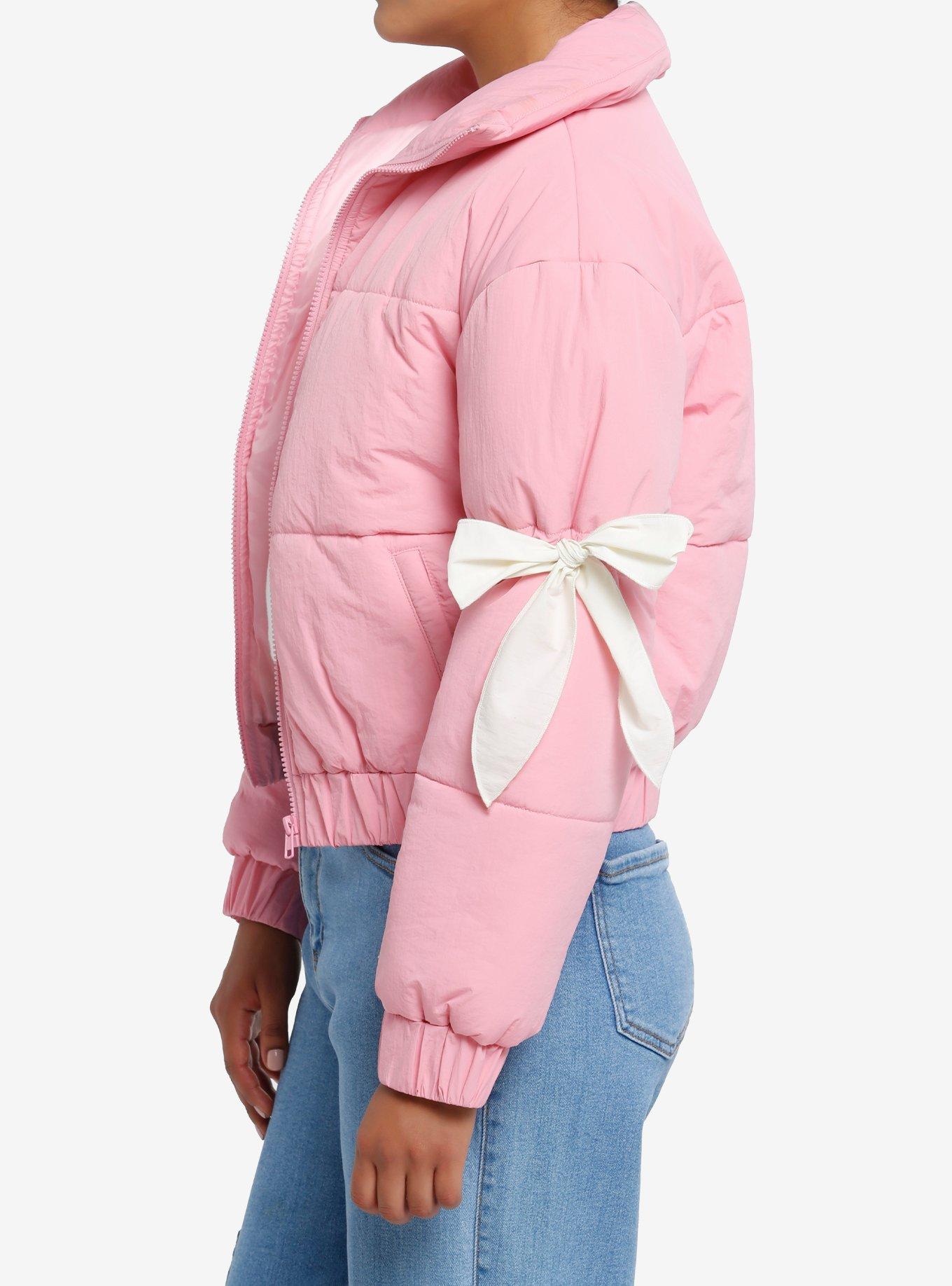 Bubblegum Pink White Bow Girls Puffer Jacket, , alternate