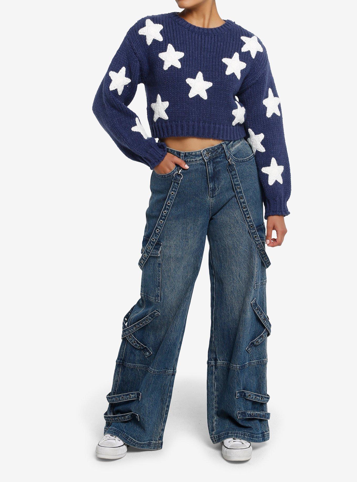 Navy & White Star Girls Crop Knit Sweater, , hi-res