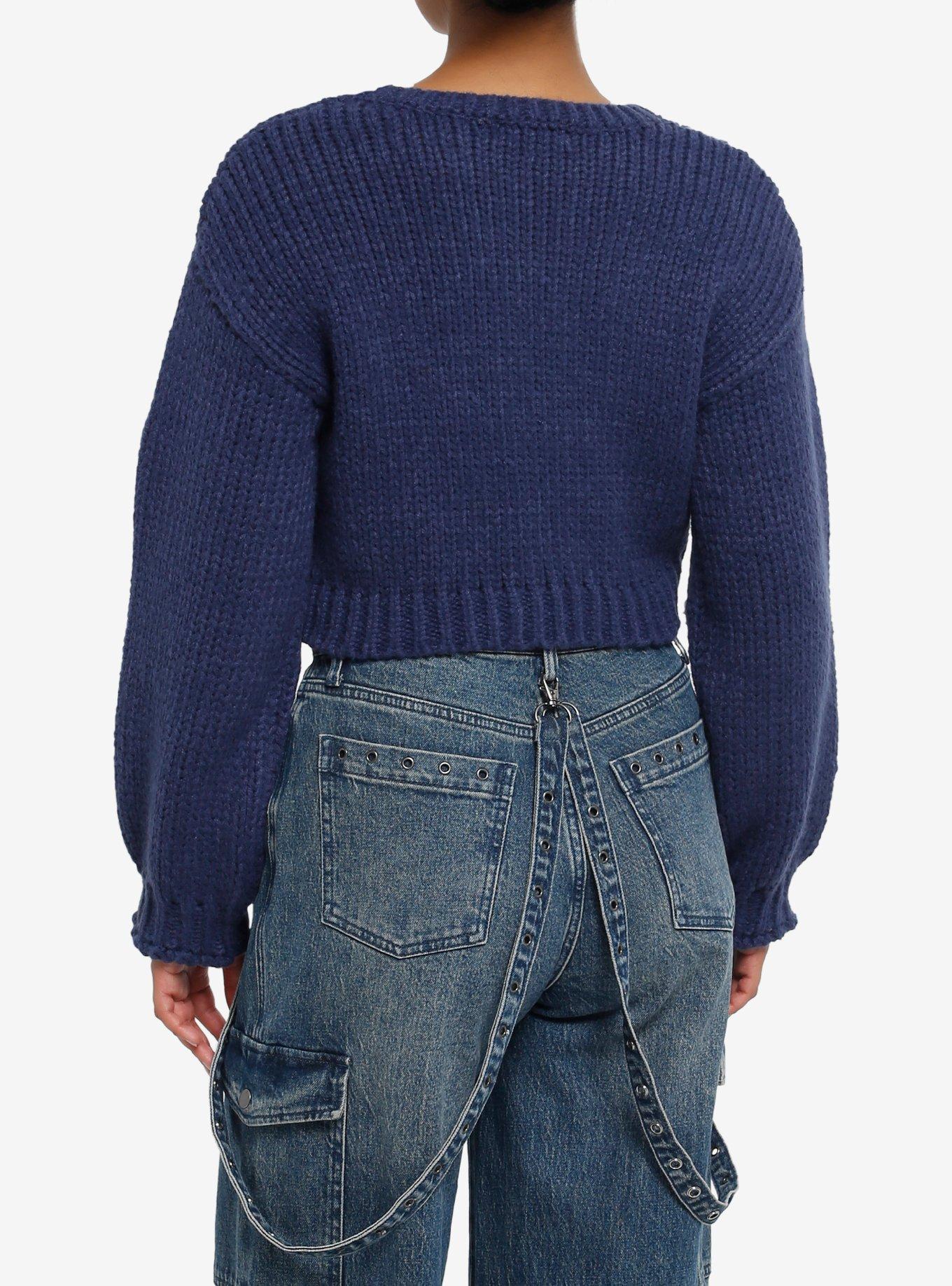 Navy & White Star Girls Crop Knit Sweater, , alternate