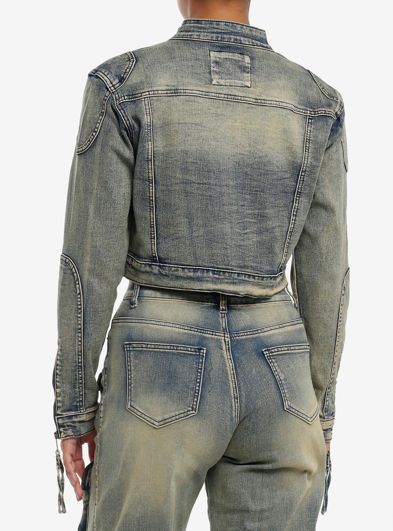 Vintage Wash Girls Crop Denim Jacket, GREEN, alternate