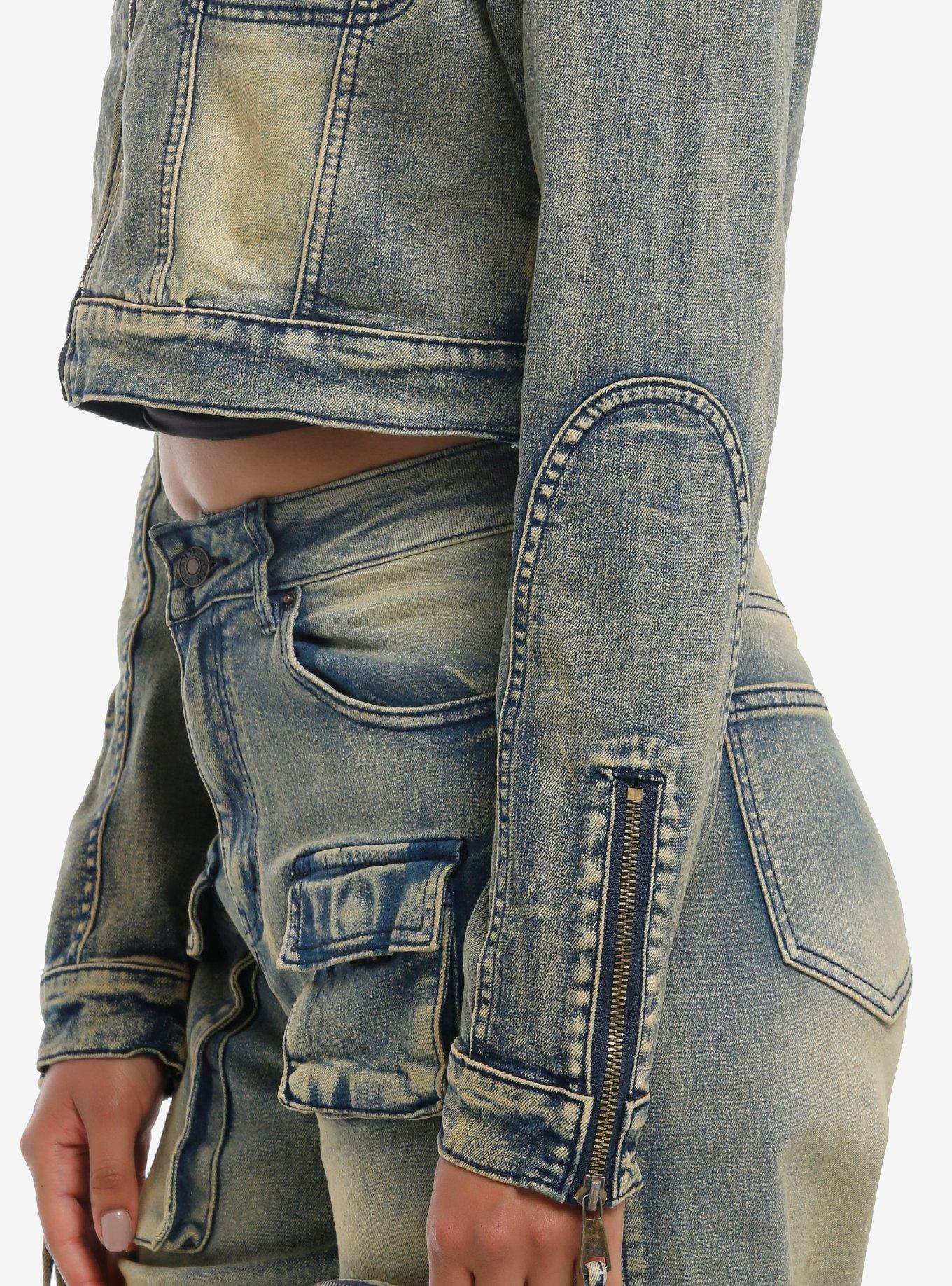 Vintage Wash Girls Crop Denim Jacket, GREEN, alternate
