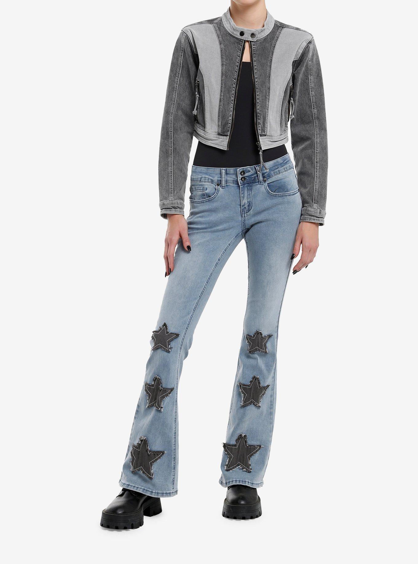 Grey Color-Block Denim Girls Crop Moto Jacket, , hi-res