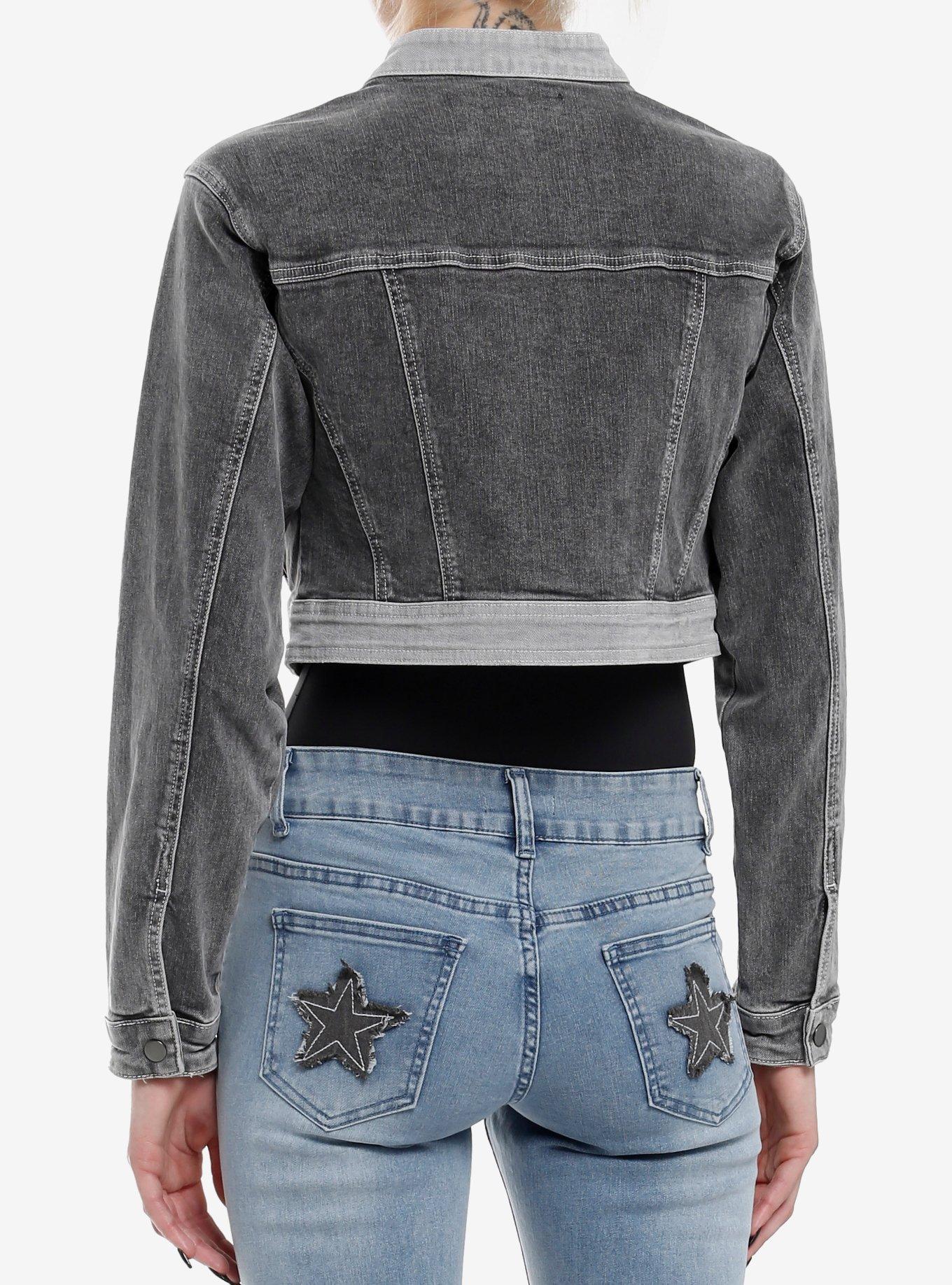 Grey Color-Block Denim Girls Crop Moto Jacket, BLUE, alternate