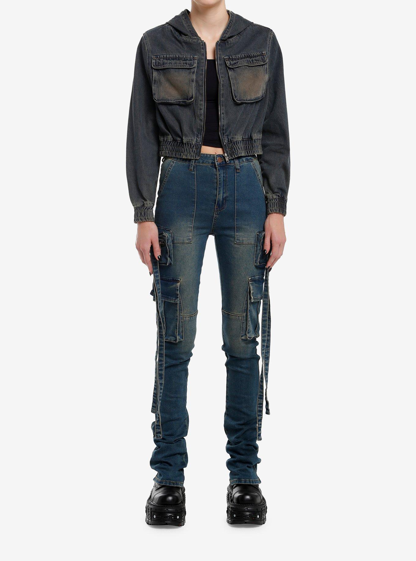 Dark Blue Vintage Wash Hooded Girls Crop Denim Jacket, , hi-res