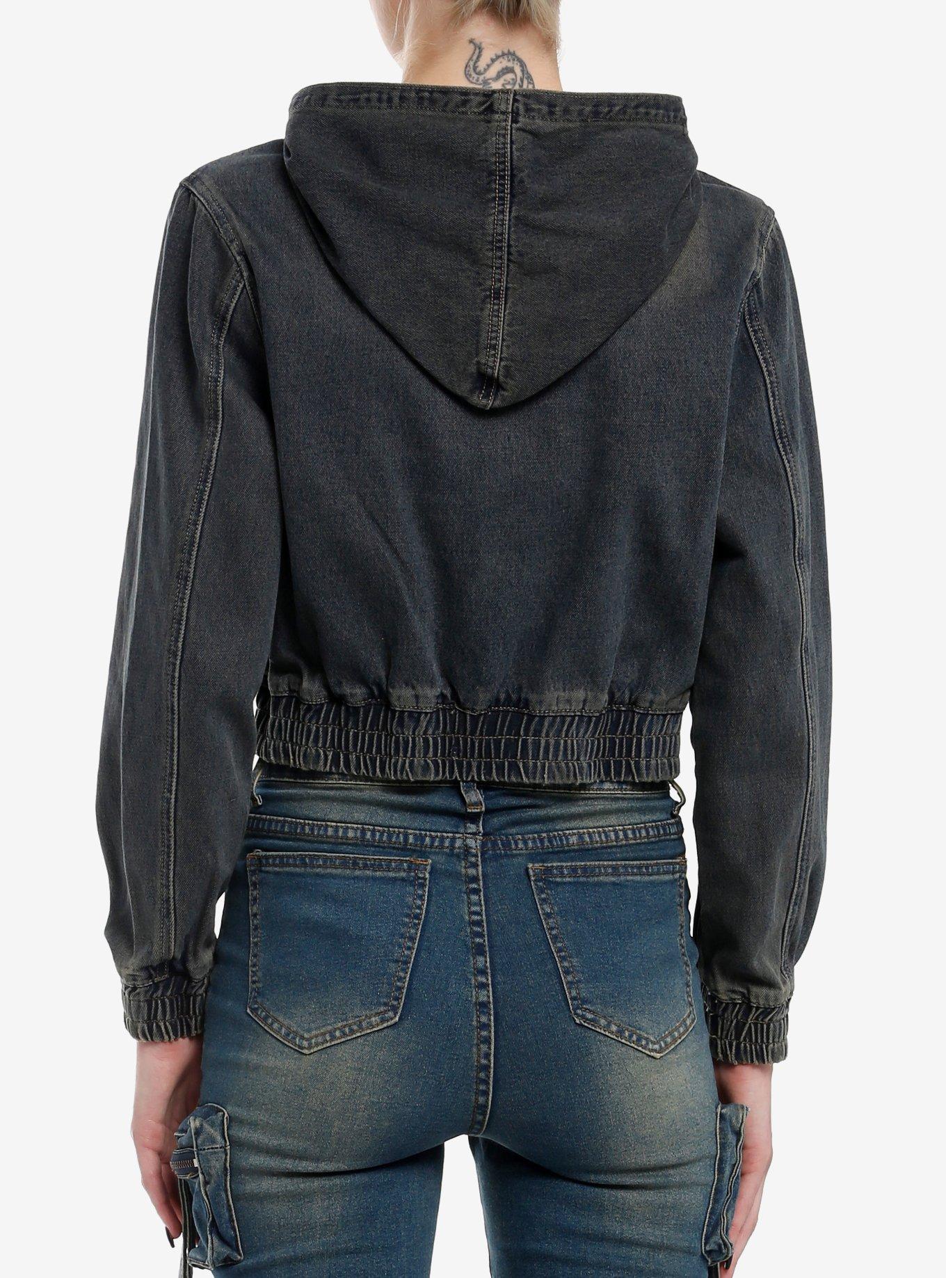 Dark Blue Vintage Wash Hooded Girls Crop Denim Jacket, DARK WASH, alternate