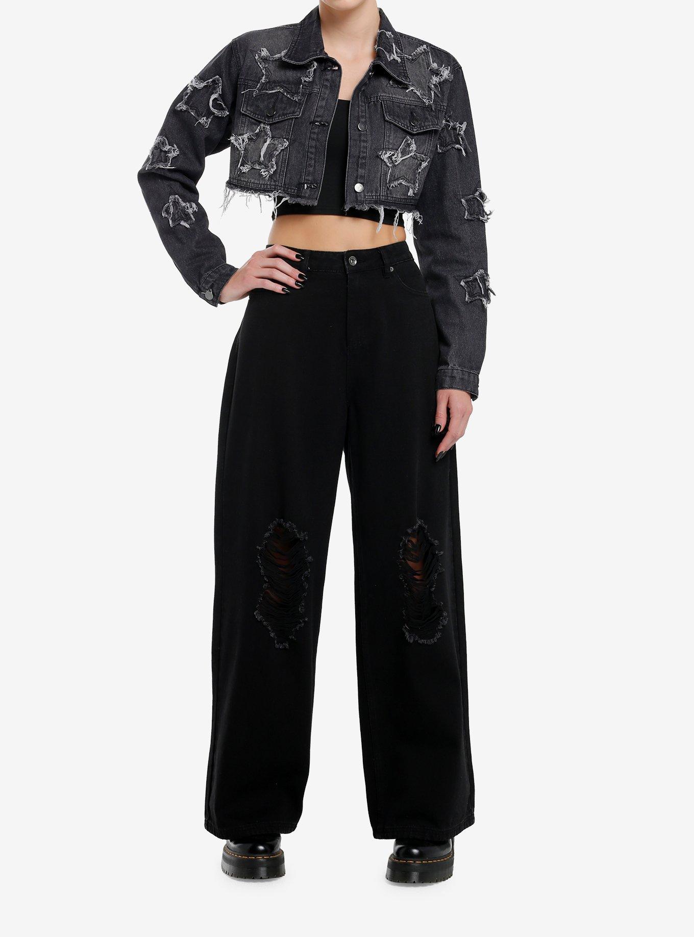Black Wash Star Patch Extreme Girls Crop Denim Jacket, , hi-res