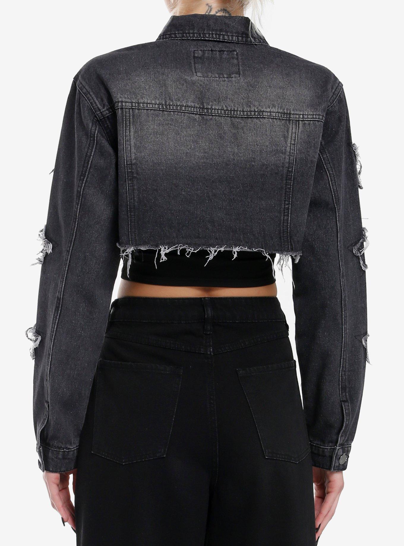 Black Wash Star Patch Extreme Girls Crop Denim Jacket, DARK WASH, alternate