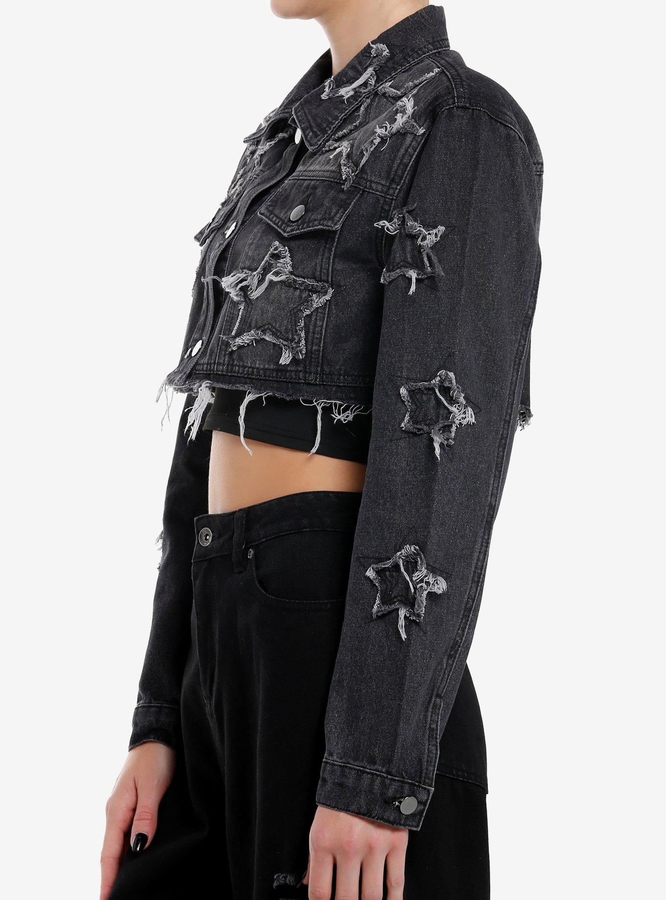 Black Wash Star Patch Extreme Girls Crop Denim Jacket, DARK WASH, alternate