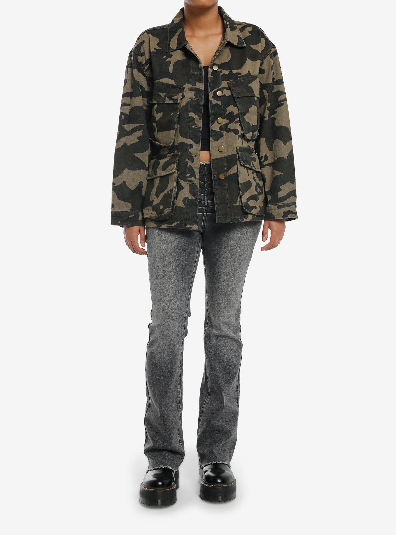 Green Camo Cargo Pocket Girls Denim Jacket, , hi-res