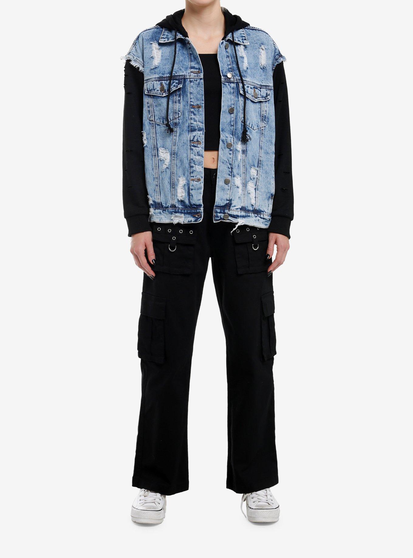 Light Indigo & Black Destructed Girls Twofer Jacket, , hi-res