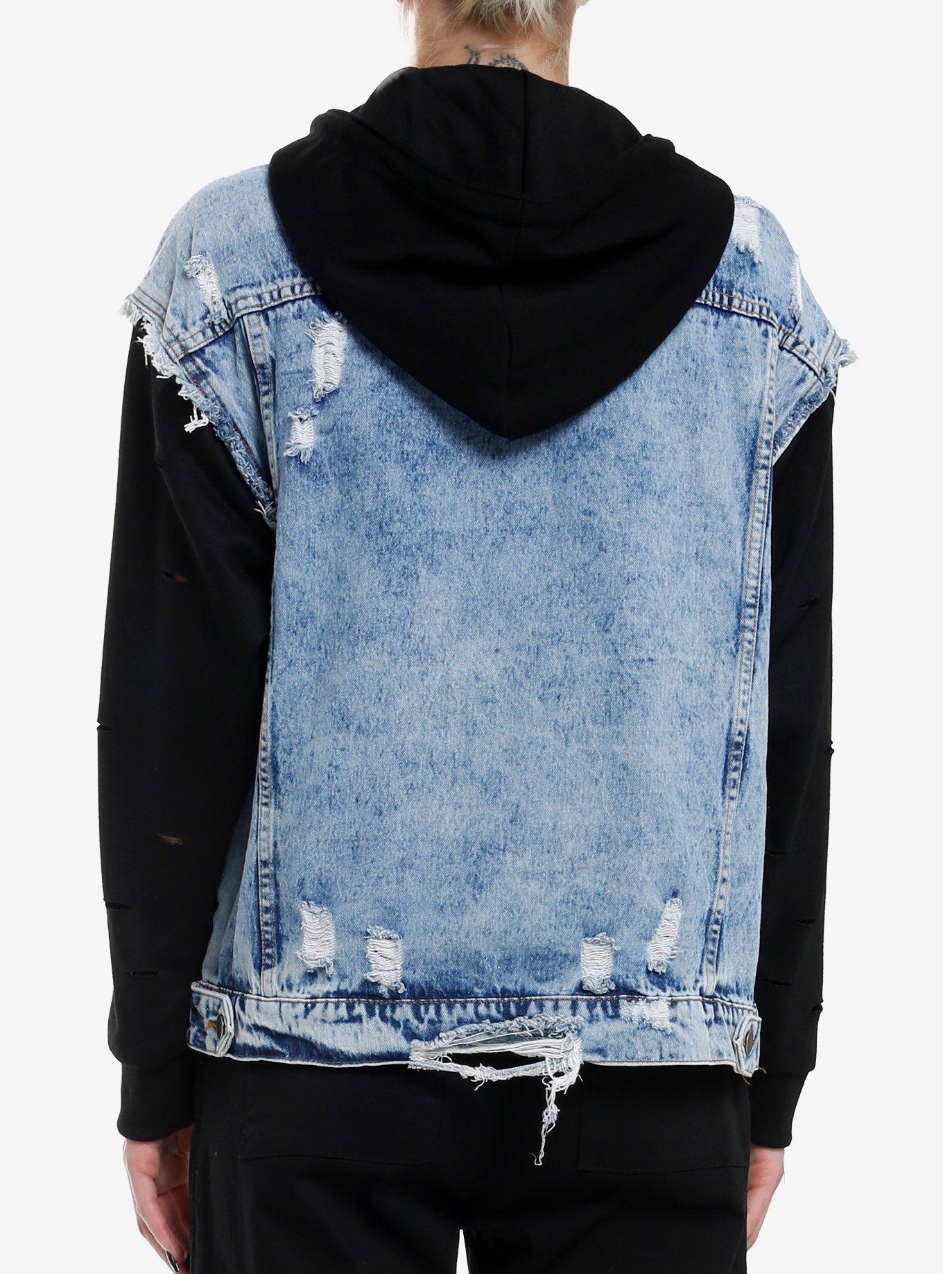 Light Indigo & Black Destructed Girls Twofer Jacket, BLACK, alternate