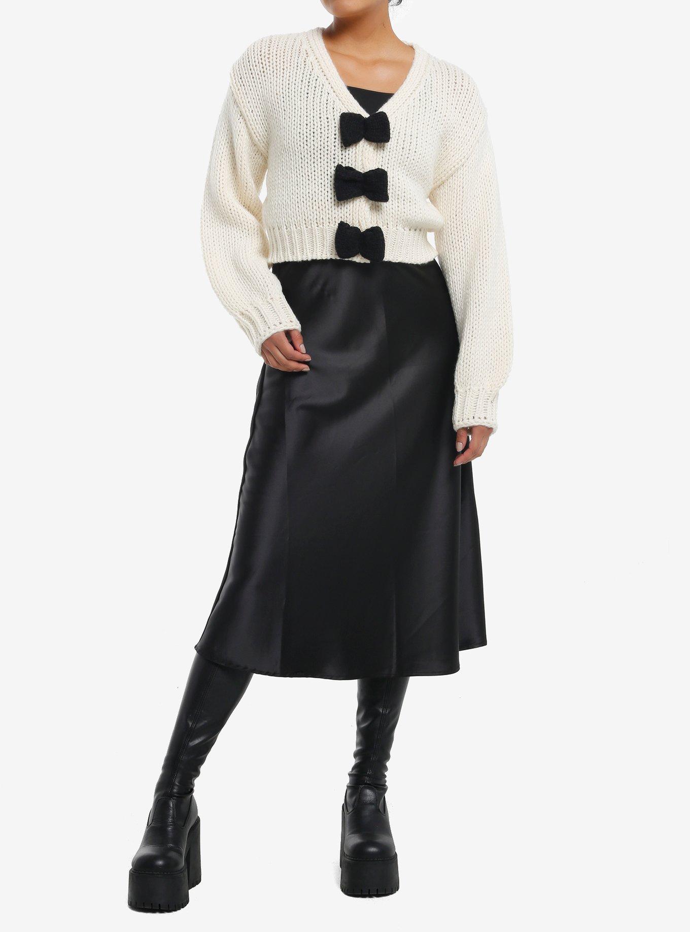 Cream & Black Bow Girls Crop Cardigan, , hi-res