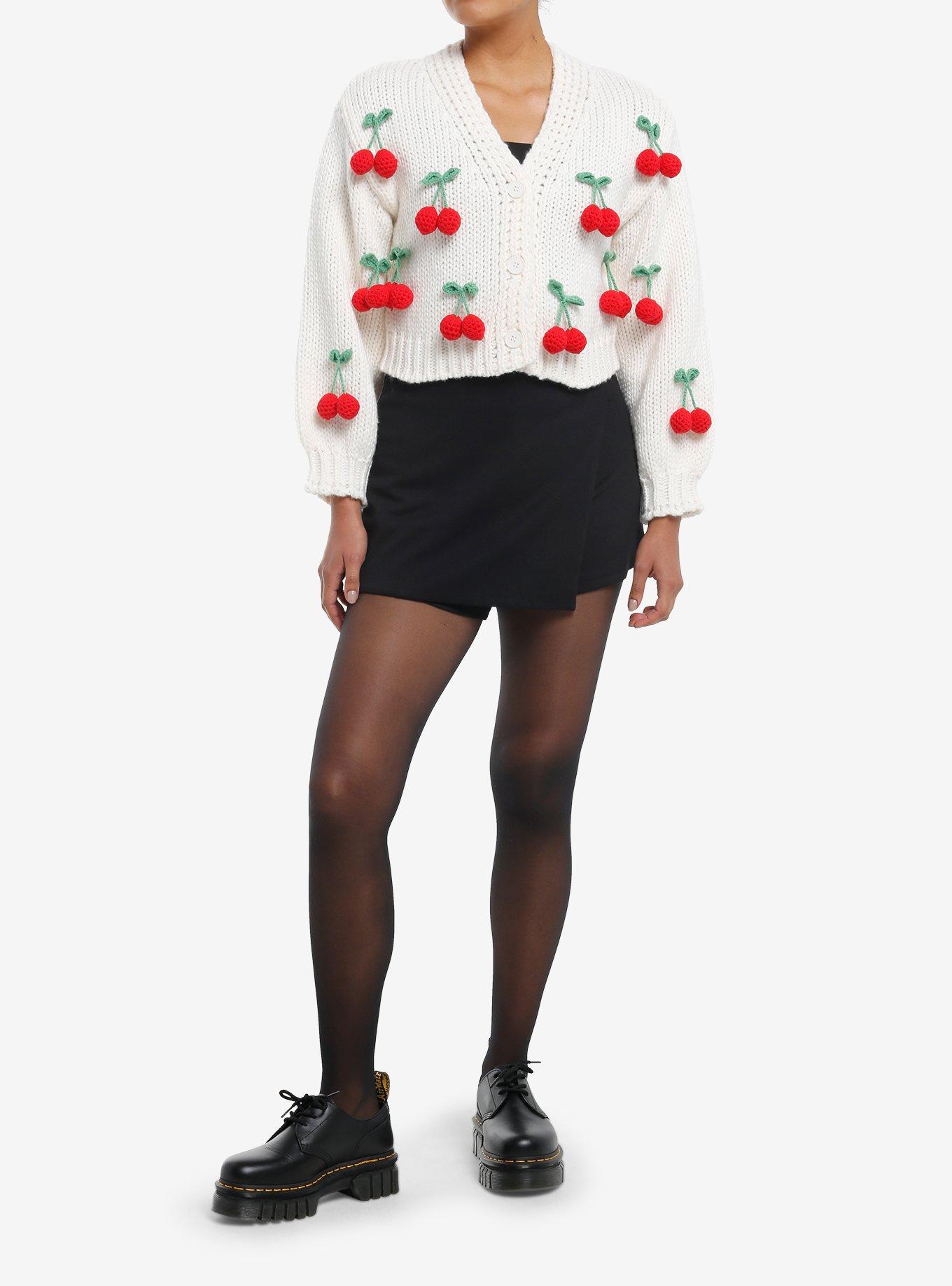 Cherries Knit Cream Girls Crop Cardigan, , hi-res