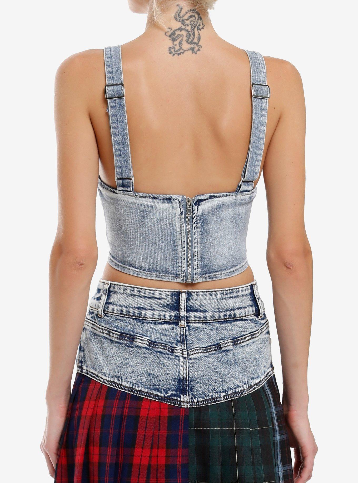 Light Acid Wash Denim Girls Corset Top, LIGHT WASH, alternate