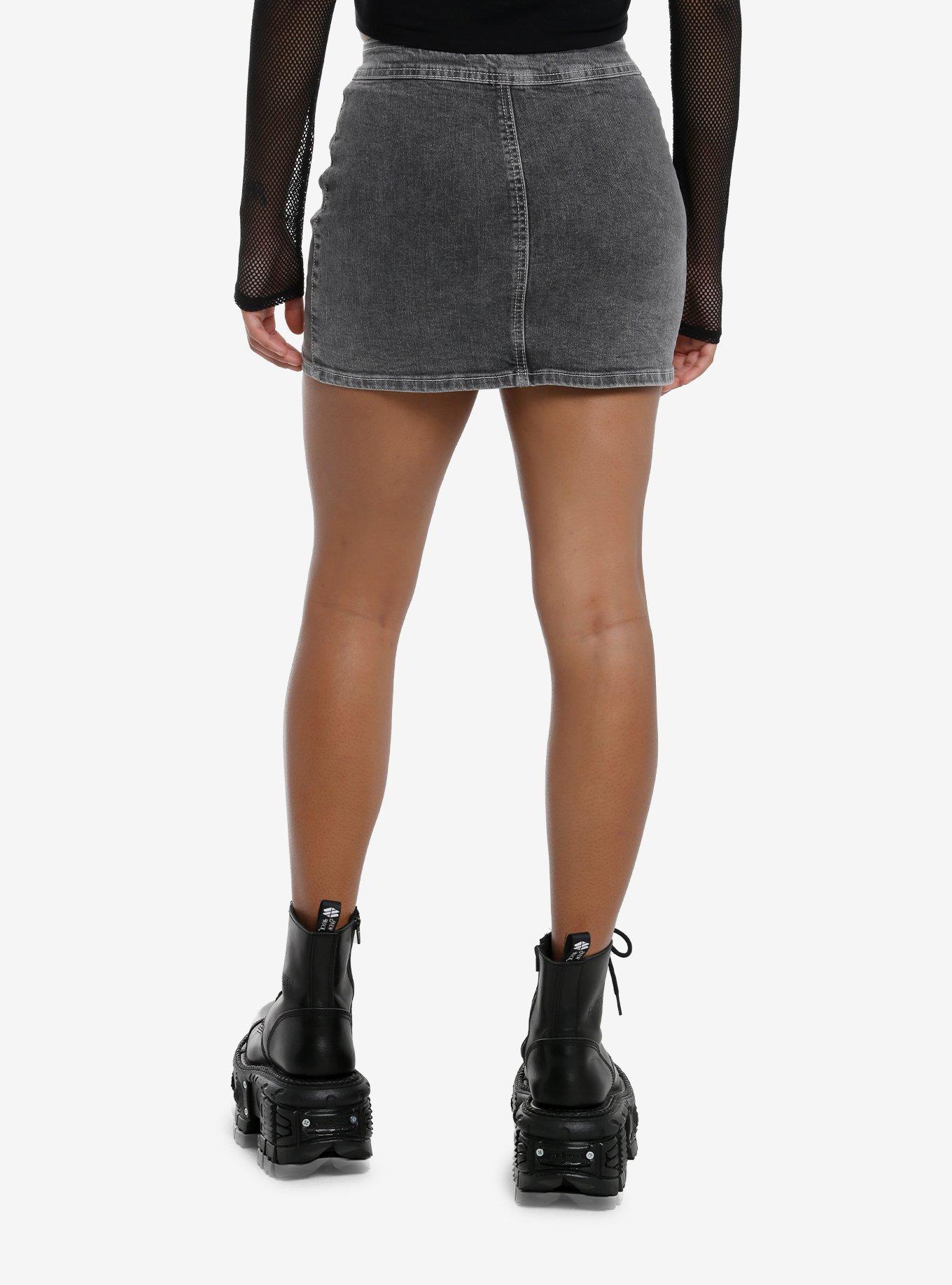 Grey Color-Block Zipper Font Denim Mini Skirt, , hi-res