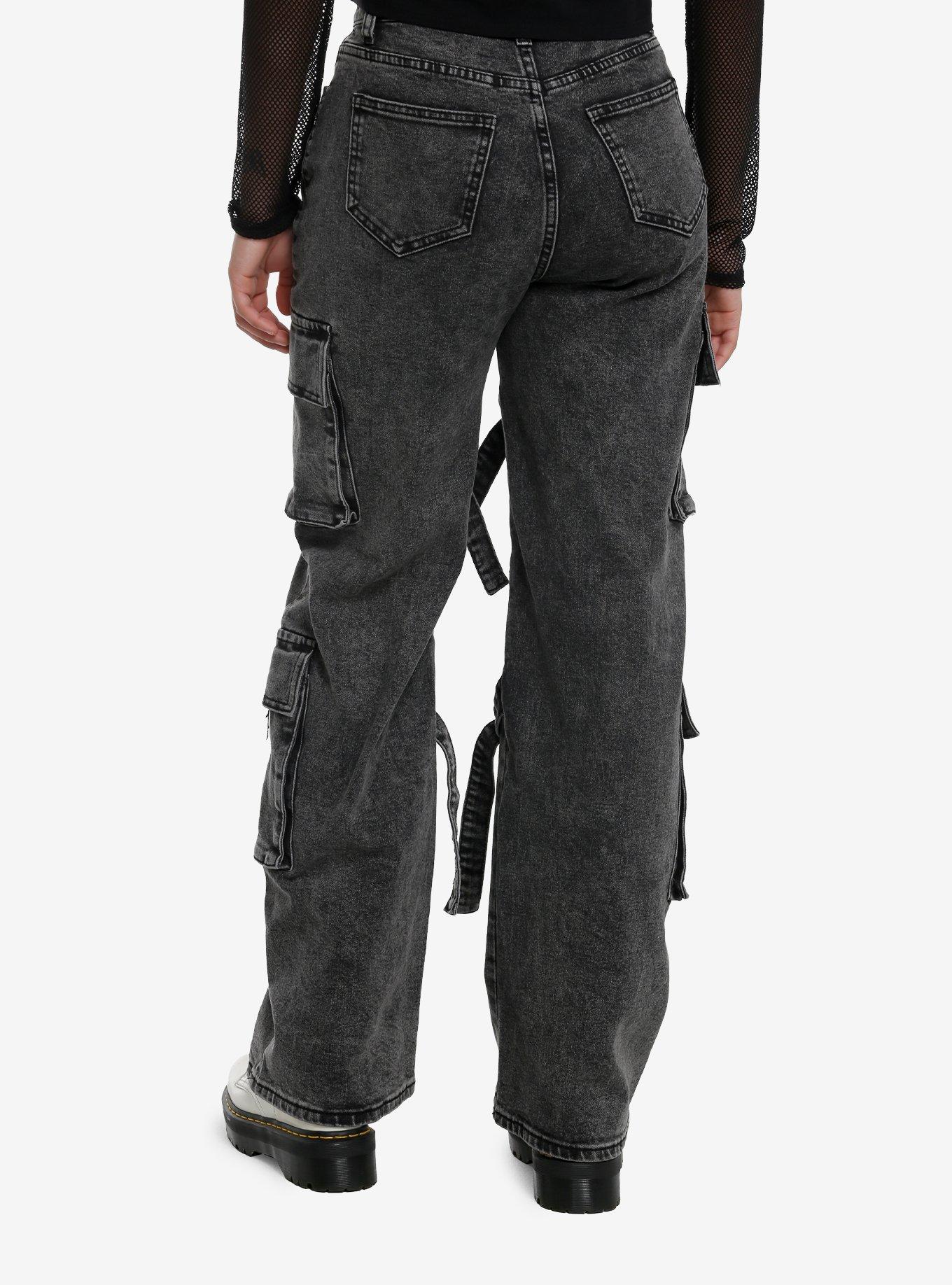 Black Acid Wash Strappy Cargo Denim Pants, , hi-res