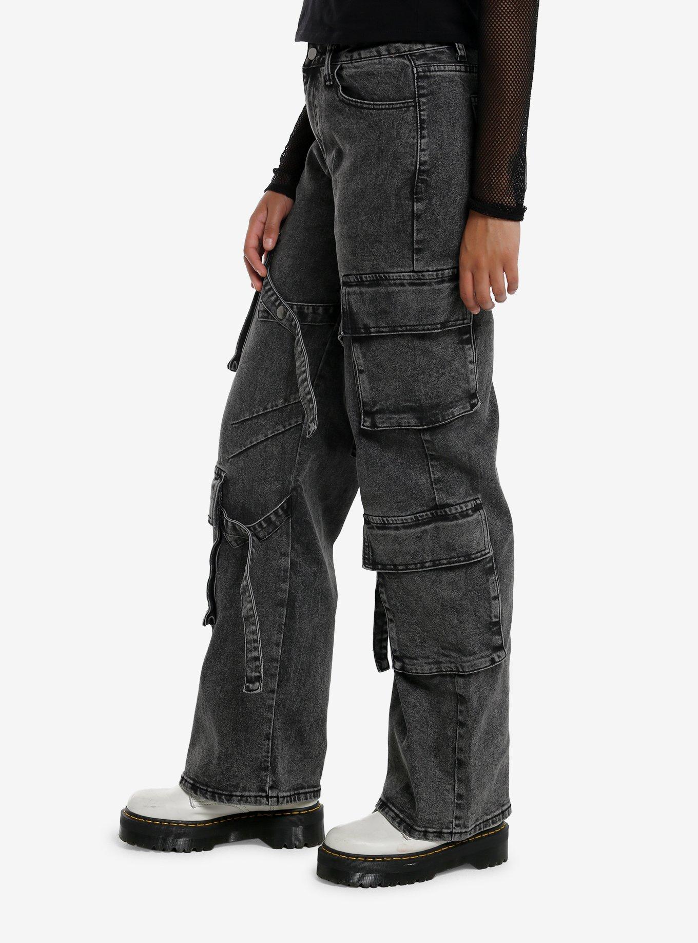 Black Acid Wash Strappy Cargo Denim Pants, GREY, alternate