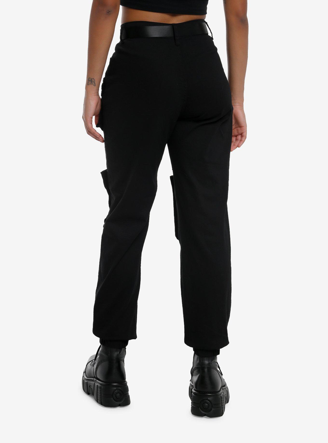 Black Cargo Pocket Utility Jogger Pants With Belt, , hi-res