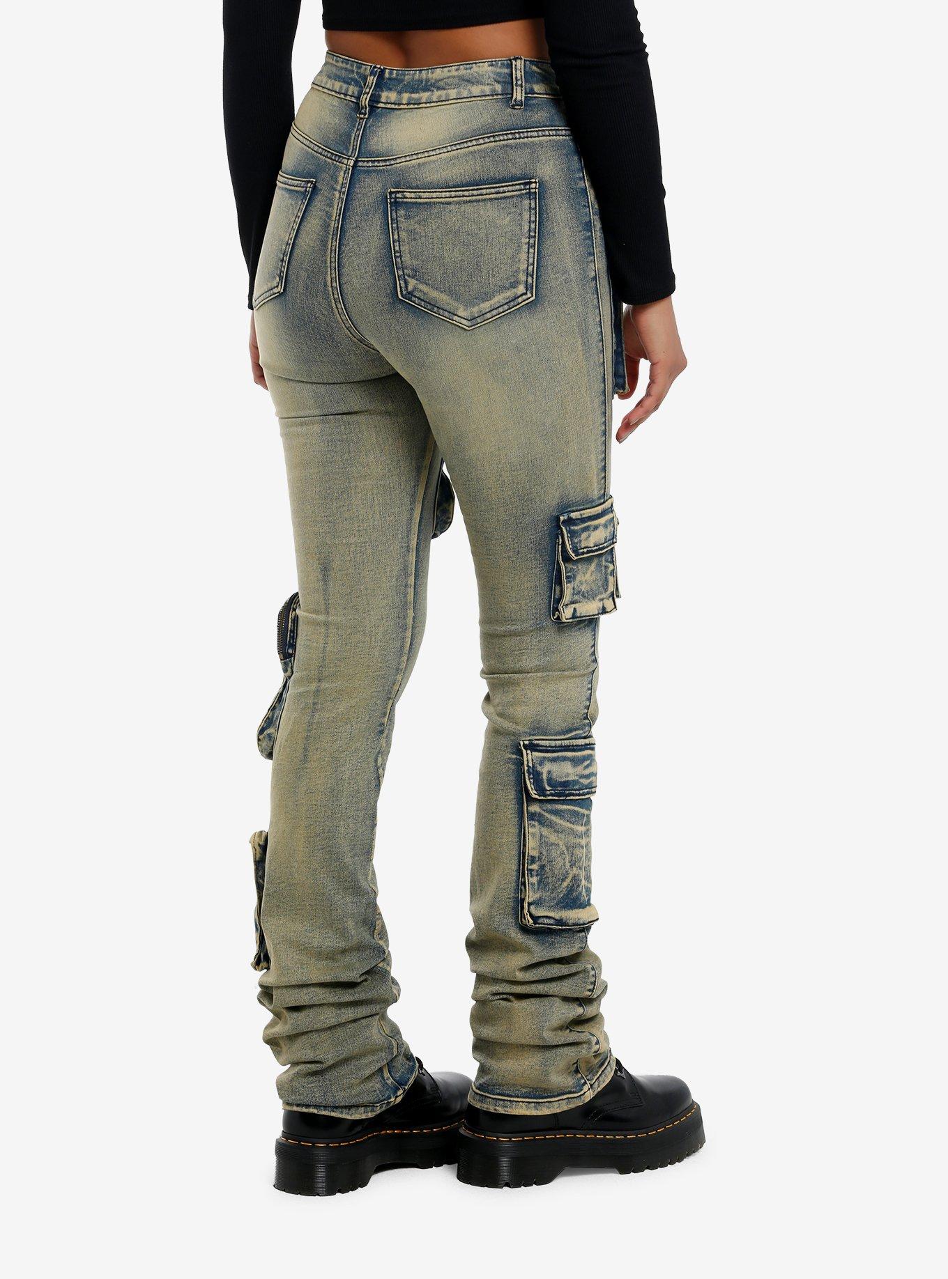 Vintage Wash Cargo Stacked Denim Pants, , hi-res