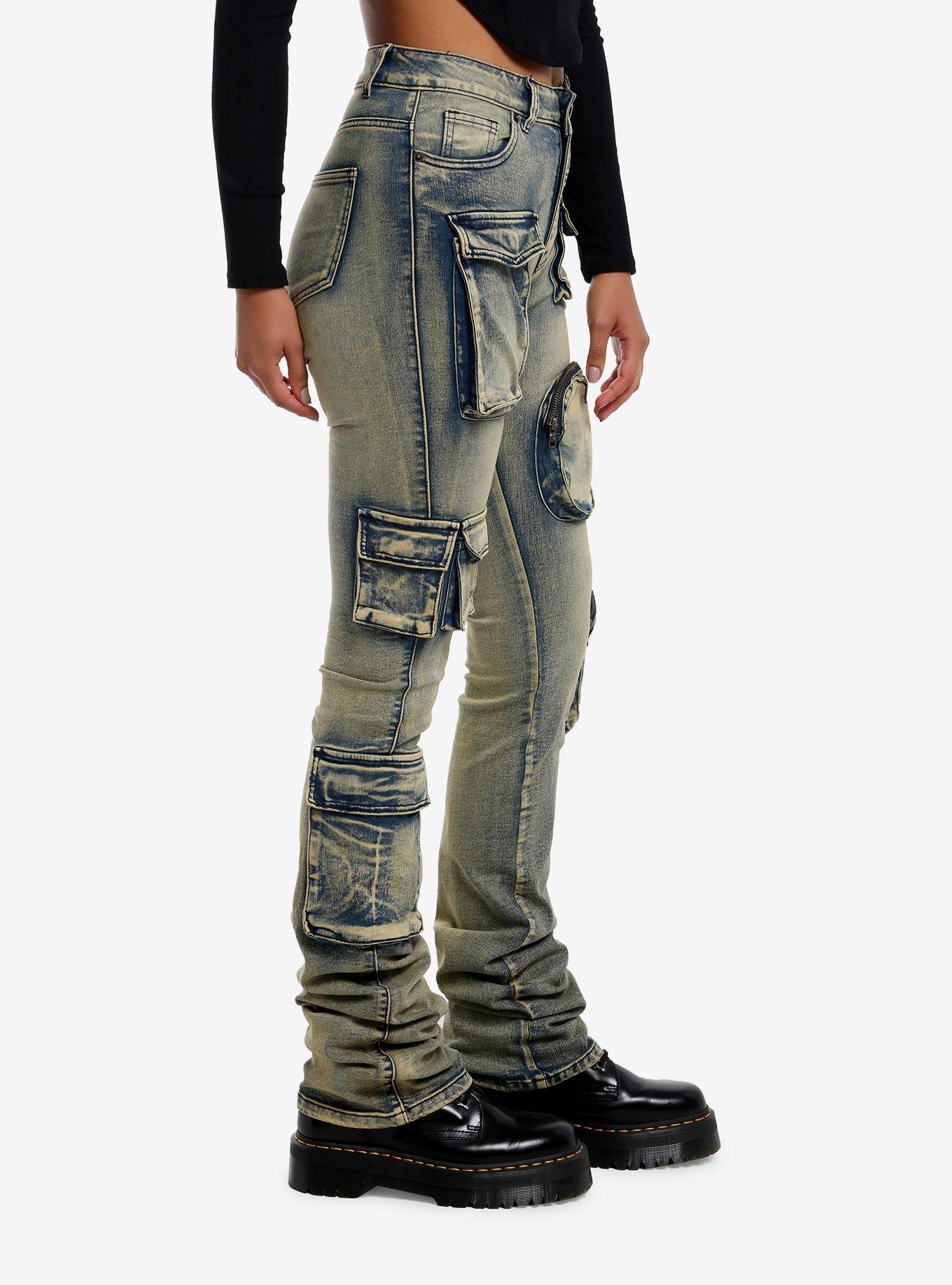 Vintage Wash Cargo Stacked Denim Pants, GREEN, alternate
