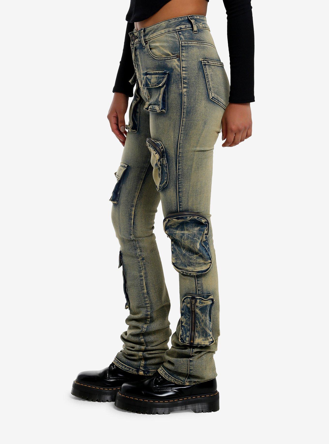 Vintage Wash Cargo Stacked Denim Pants, GREEN, alternate