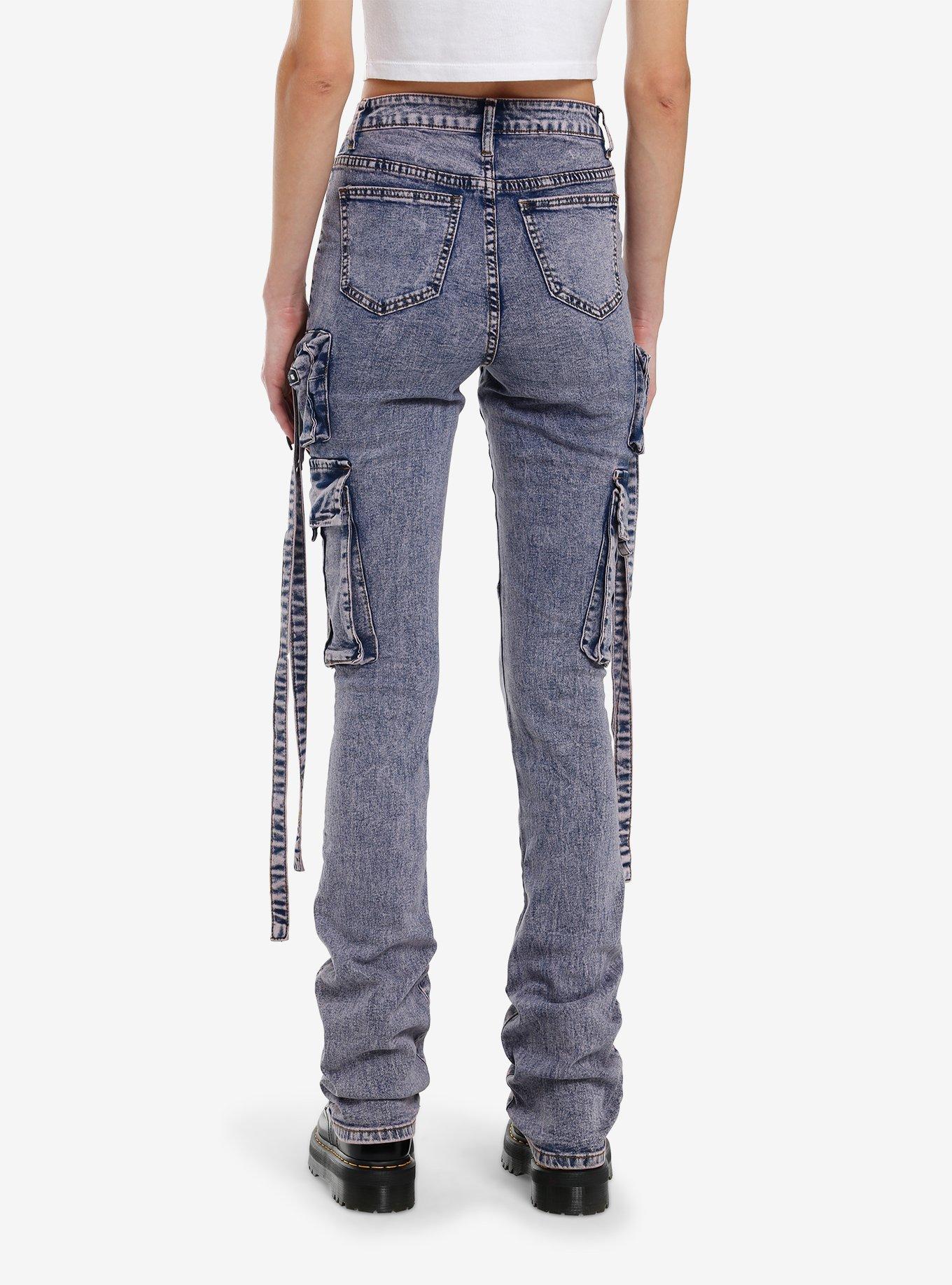 Purple Acid Wash Cargo Straight Leg Jeans, , hi-res