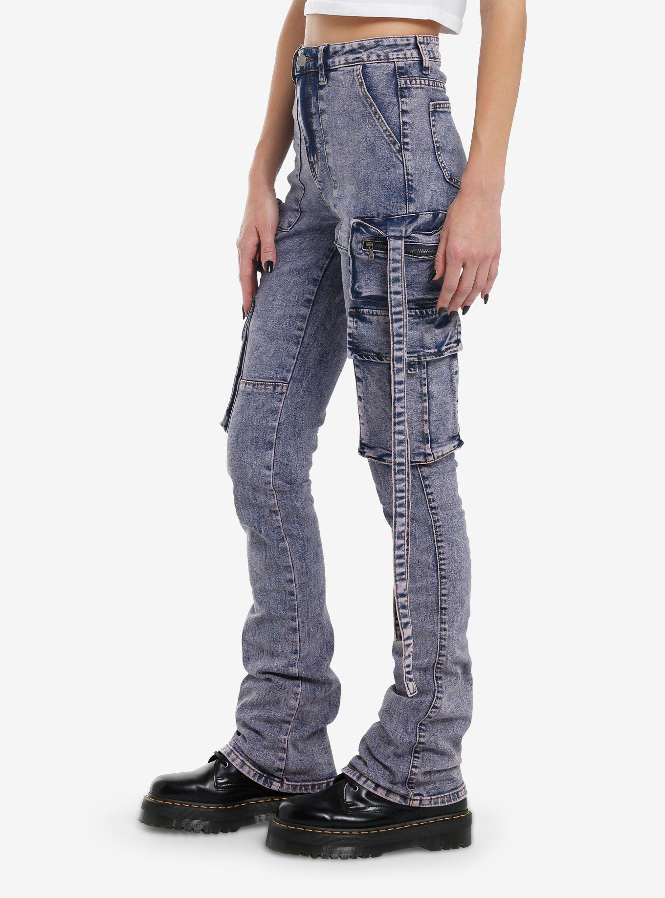 Purple Acid Wash Cargo Straight Leg Jeans, PURPLE, alternate