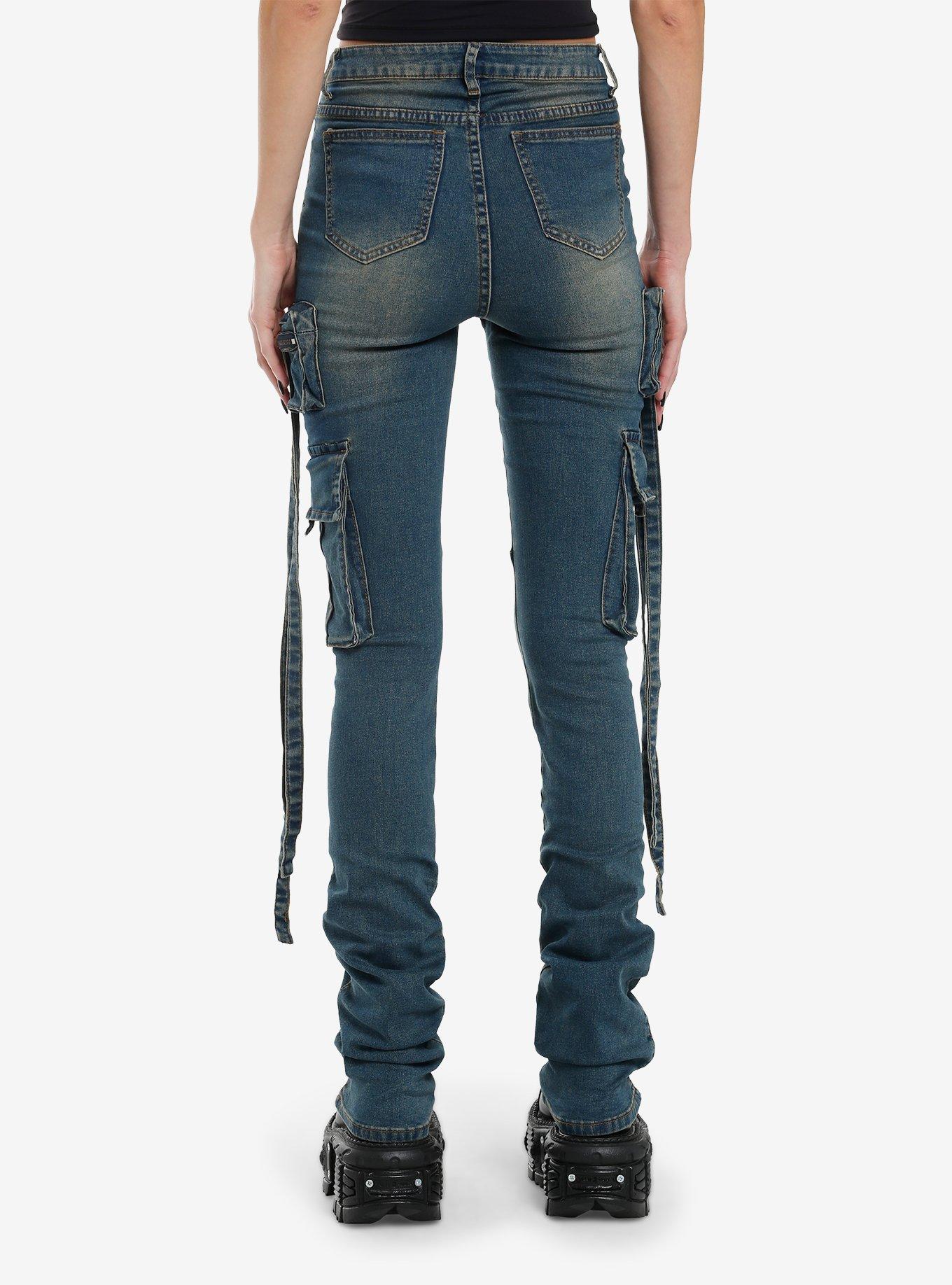 Dark Indigo Vintage Wash Cargo Stacked Jeans, , hi-res