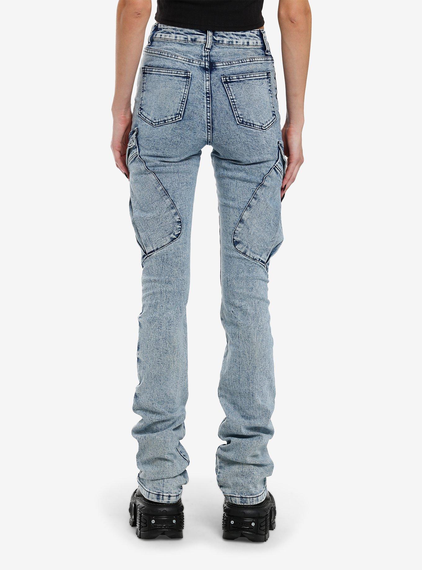 Light Indigo Acid Wash Cargo Stacked Denim Pants, BLUE, alternate