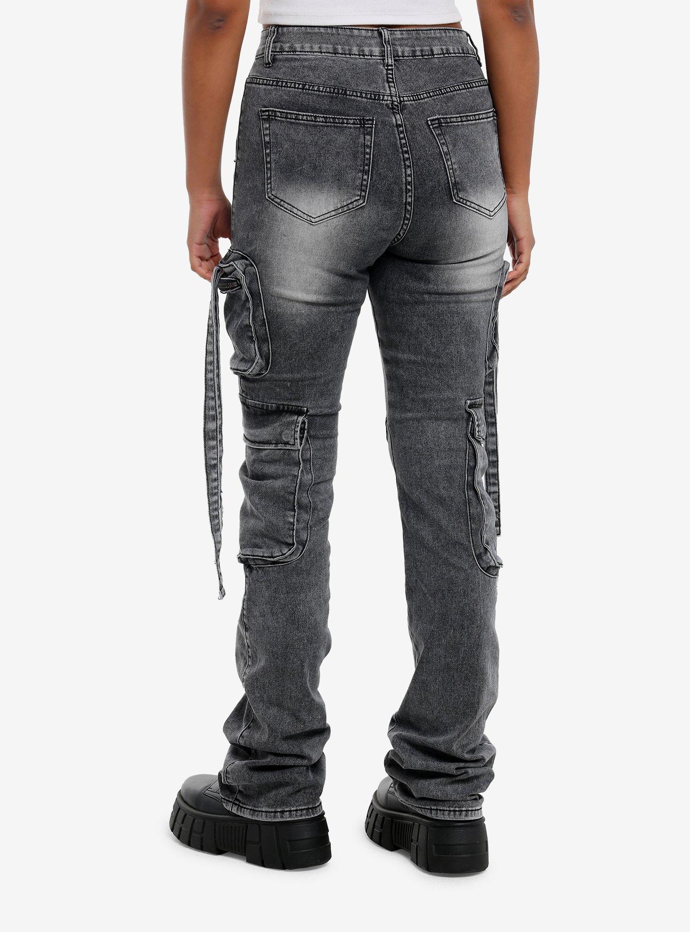 Grey Wash Cargo Stacked Denim Pants, , hi-res