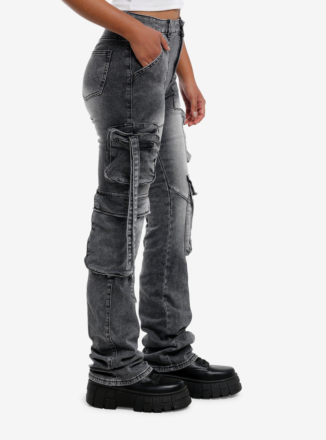 Grey Wash Cargo Stacked Denim Pants, GREY, alternate