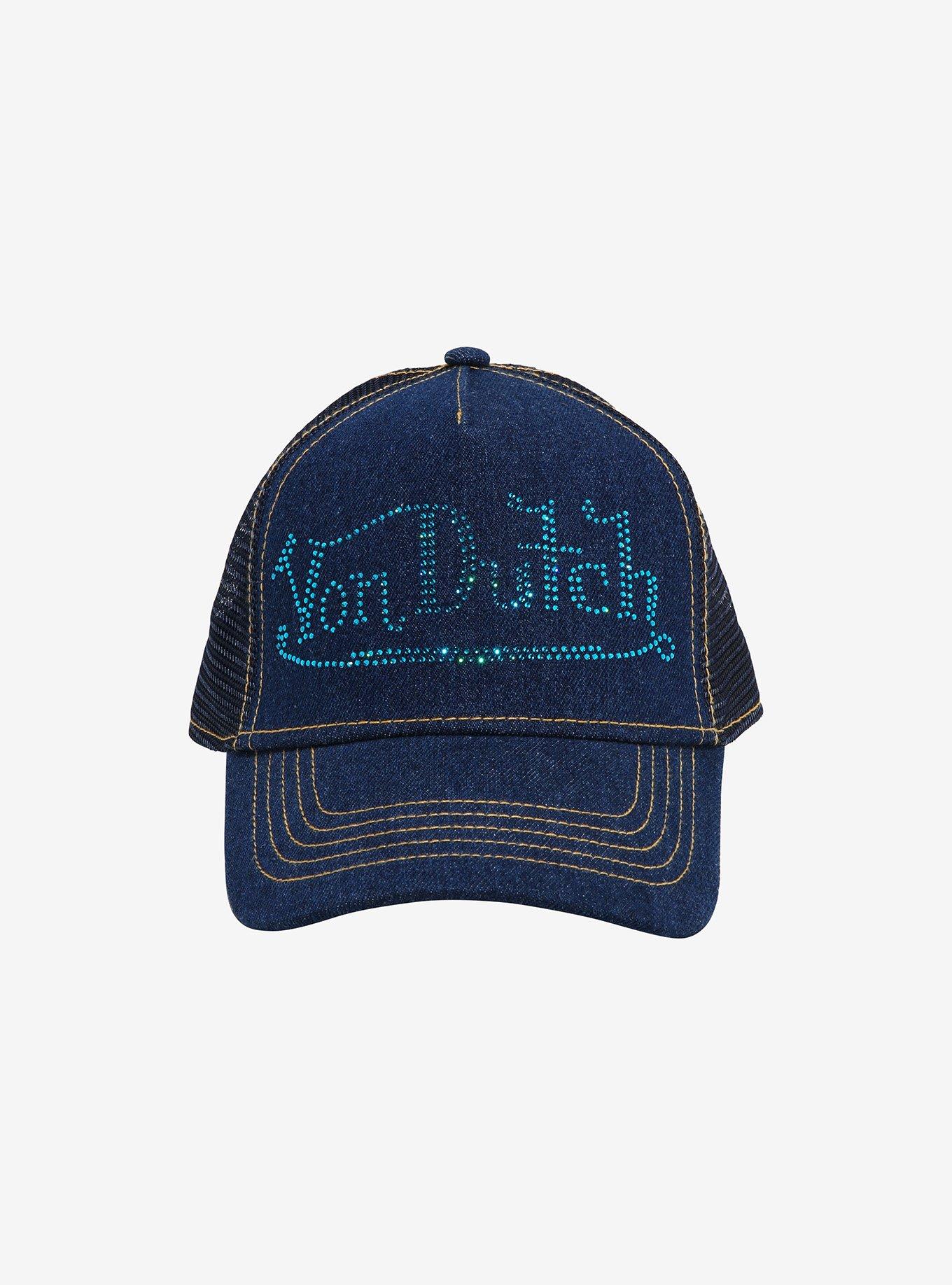 Von Dutch Rhinestone Logo Blue Denim Trucker Hat, , hi-res