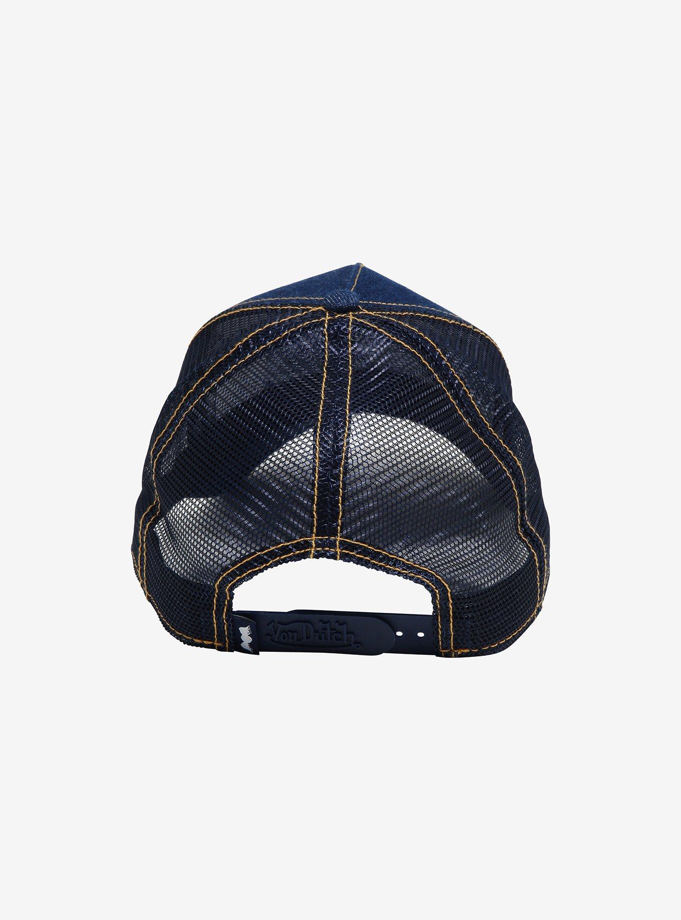 Von Dutch Rhinestone Logo Blue Denim Trucker Hat, , alternate