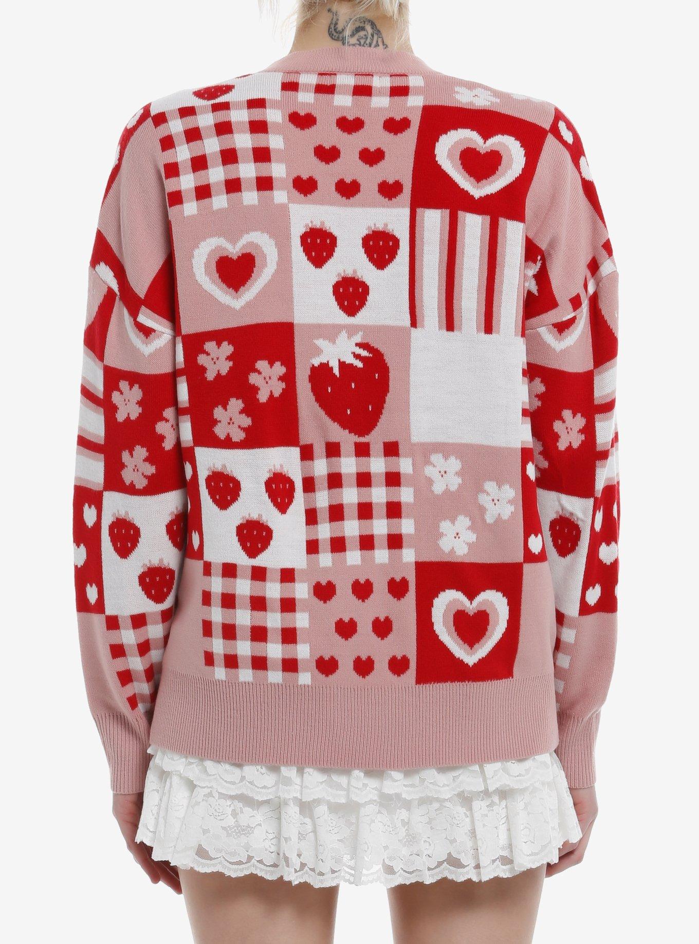 Sweet Society Strawberries Pink & Red Patchwork Girls Cardigan, , hi-res