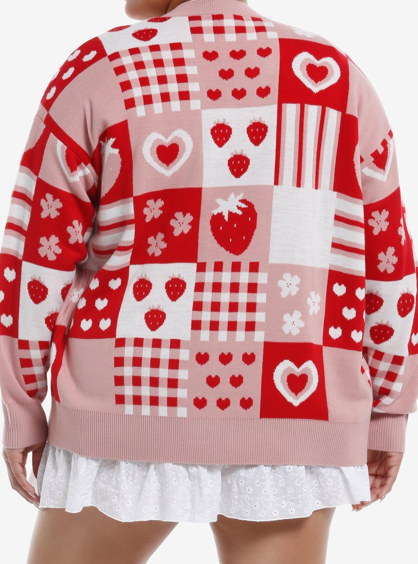Sweet Society Strawberries Pink & Red Patchwork Girls Cardigan Plus Size, RED, alternate