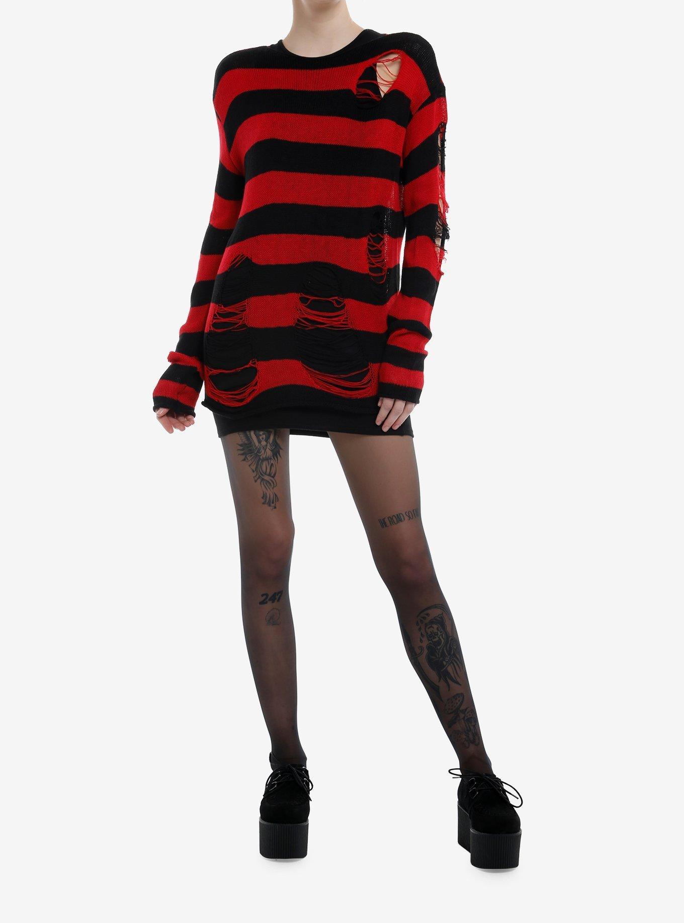 Red & Black Stripe Distressed Girls Oversized Sweater, , hi-res