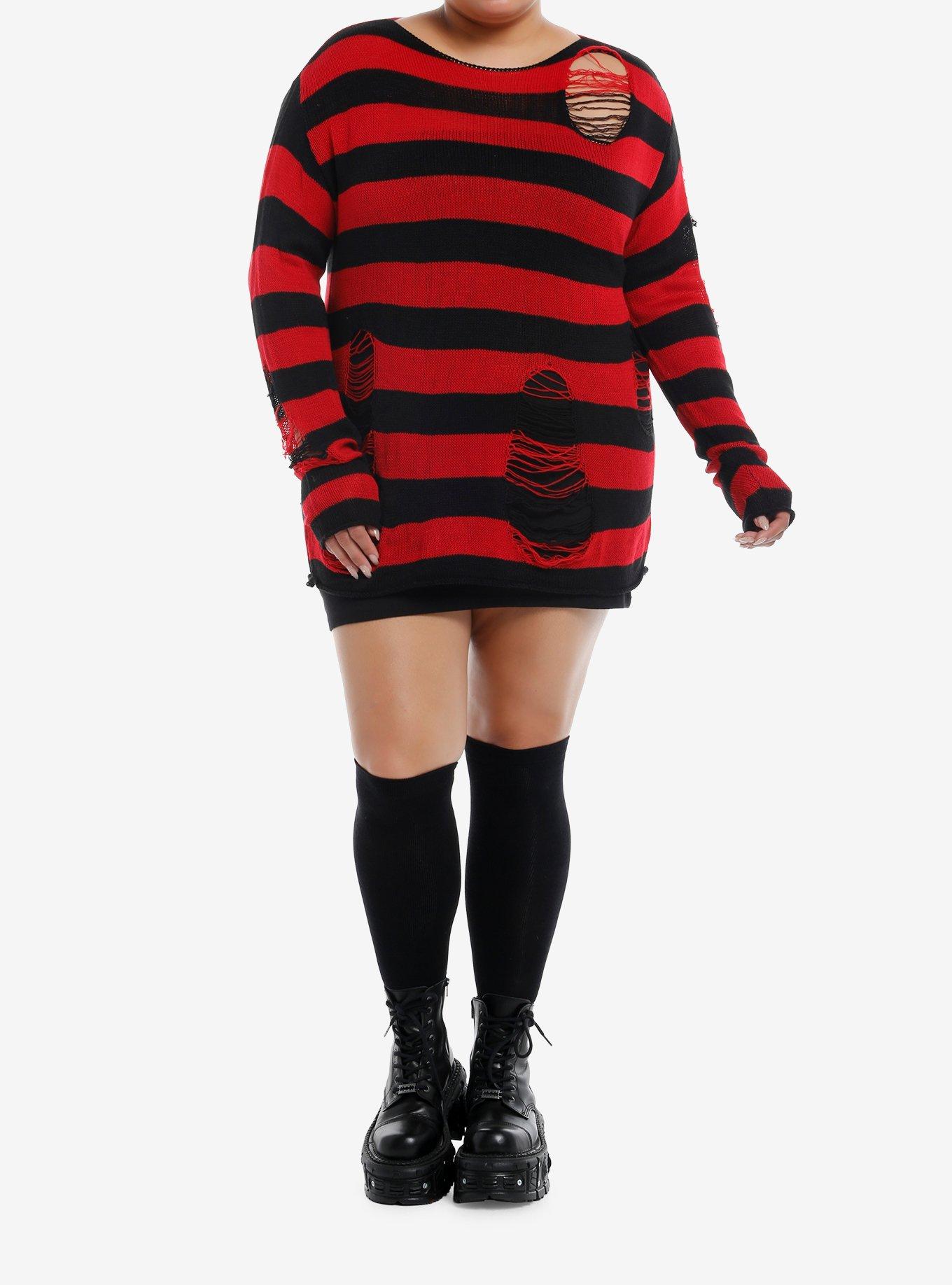 Red & Black Stripe Distressed Girls Oversized Sweater Plus Size, , hi-res