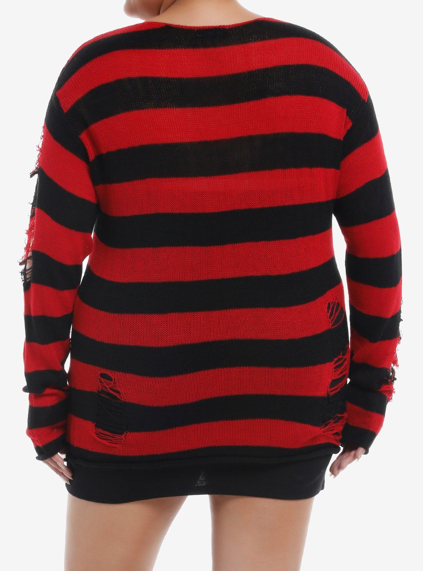 Red & Black Stripe Distressed Girls Oversized Sweater Plus Size, BLACK, alternate