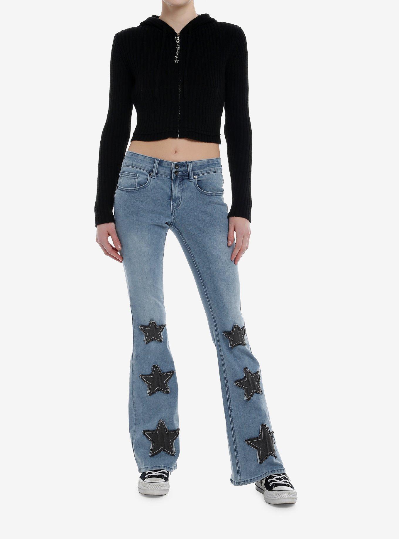Black Ribbed Star Charm Girls Crop Hoodie, , hi-res