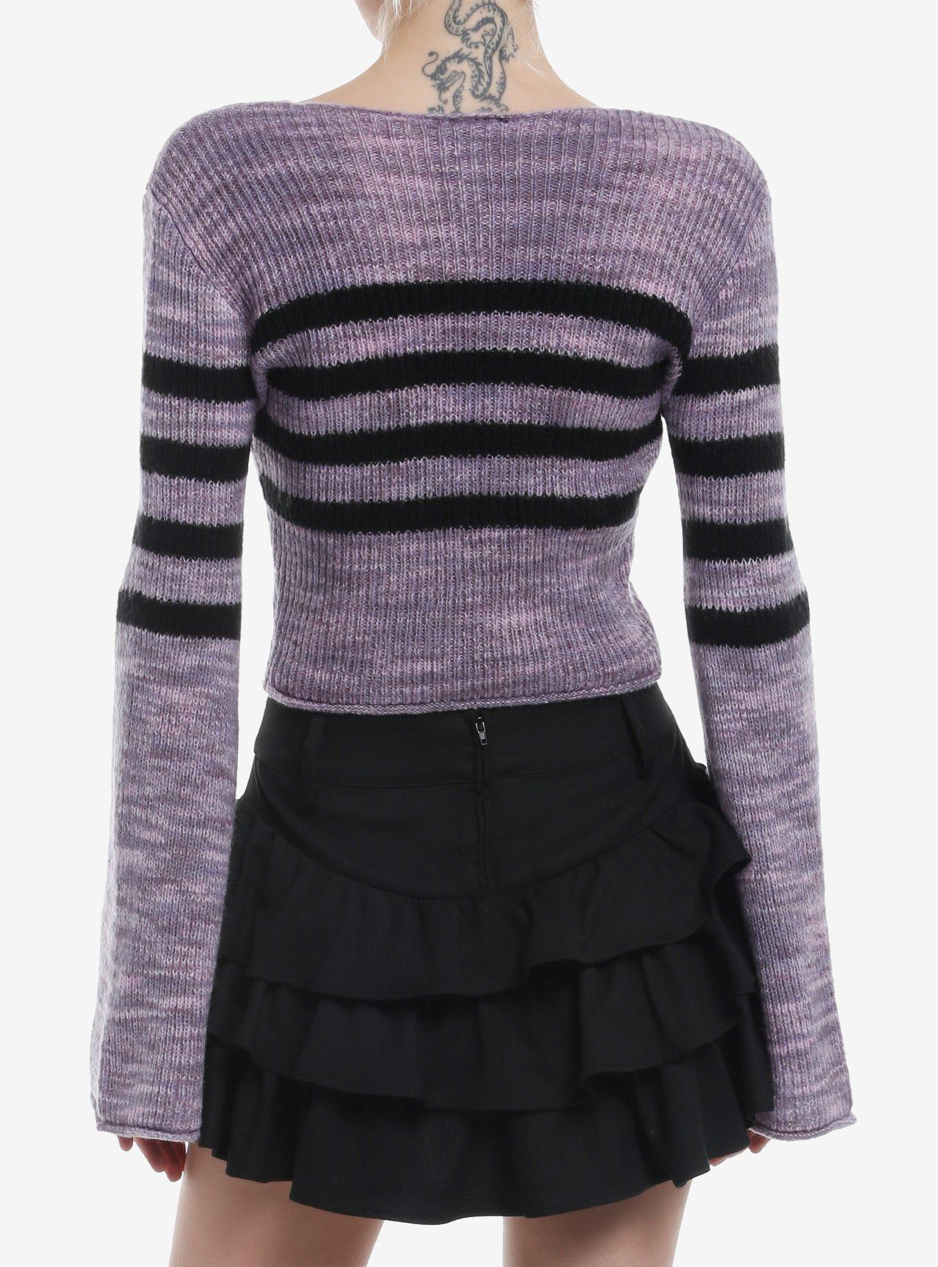 Purple & Black Stripe Marled Bell Sleeve Girls Crop Sweater, , hi-res